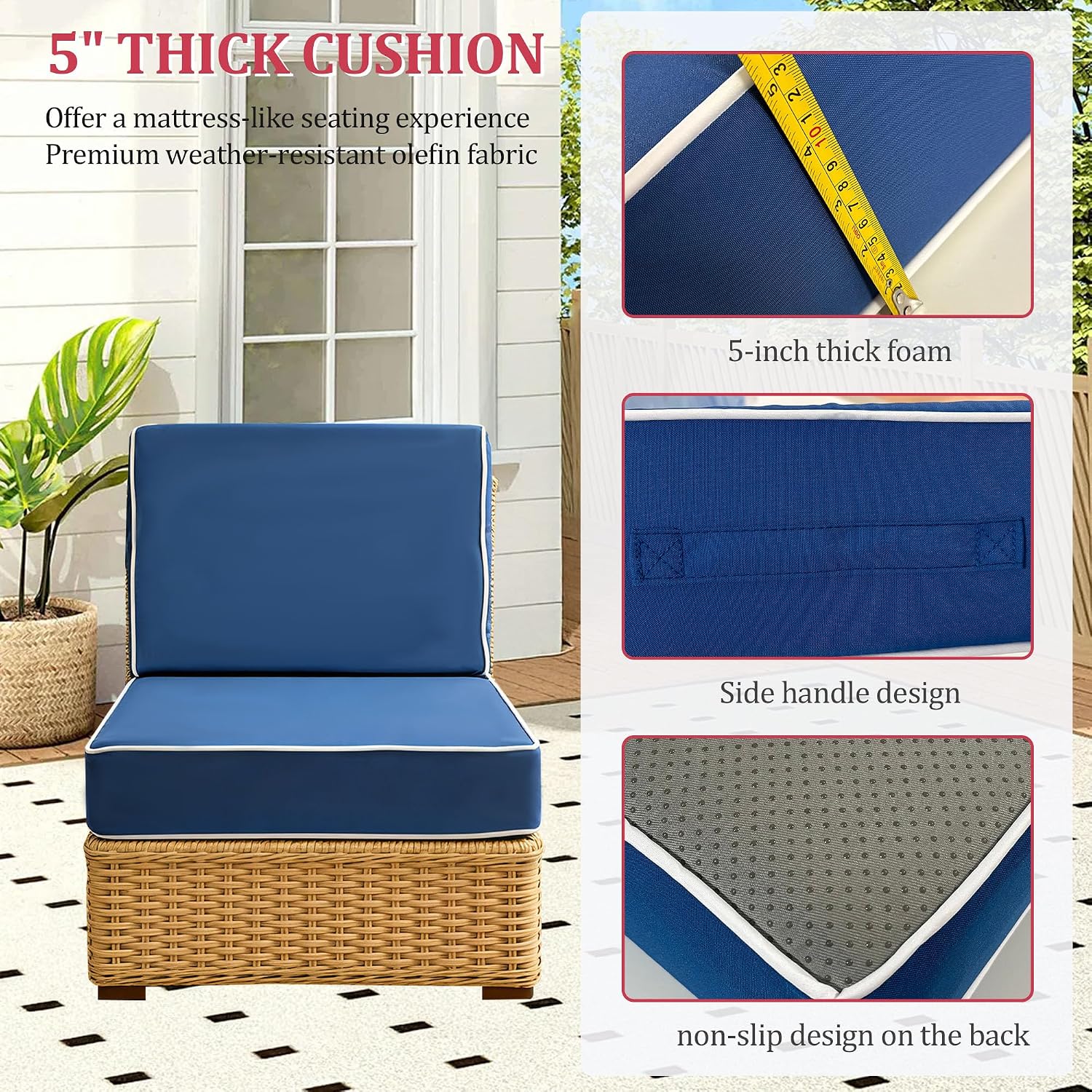 24x24x5 Inch Outdoor Cushions for Patio Furniture, Fade Resistant Deep Seat Cushion with Handle and Adjustable Straps, Waterproof Outdoor Chair Cushion (Blue+White Side, 24x24x5inch)