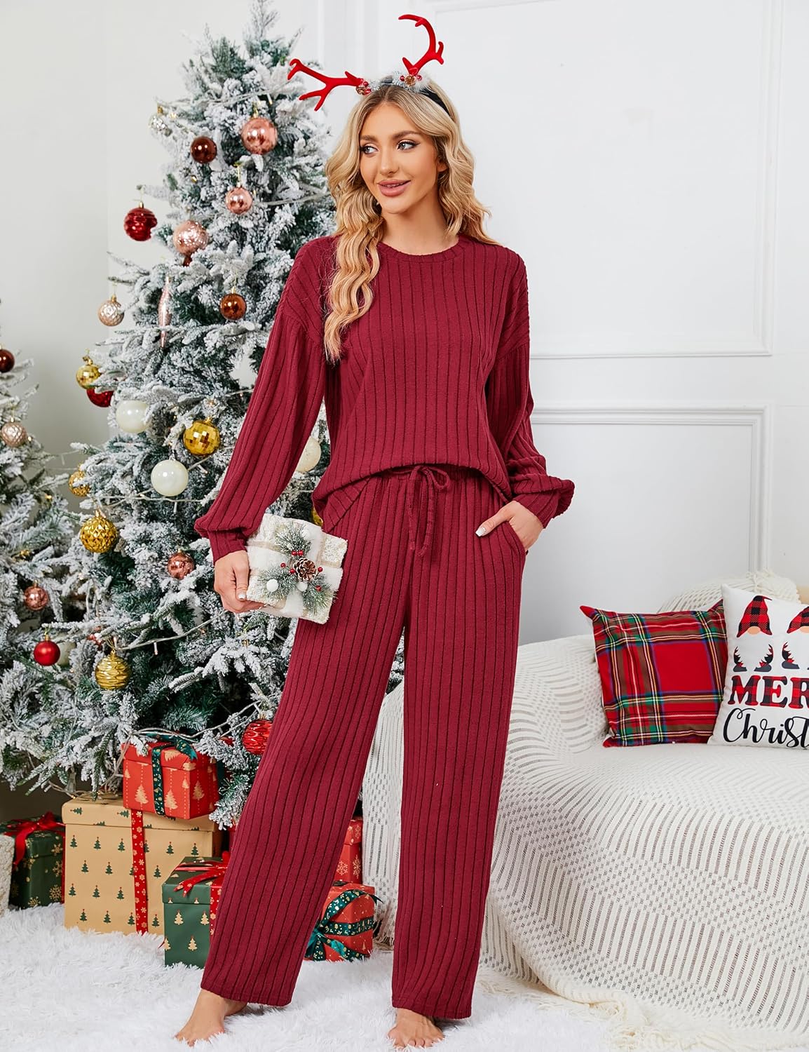 Blooming Jelly Womens Cute Pajama Sets 2 Piece Lounge Set Long Sleeve Ribbed Fleece Fall Loungewear Pockets (S, Red) - Image 2
