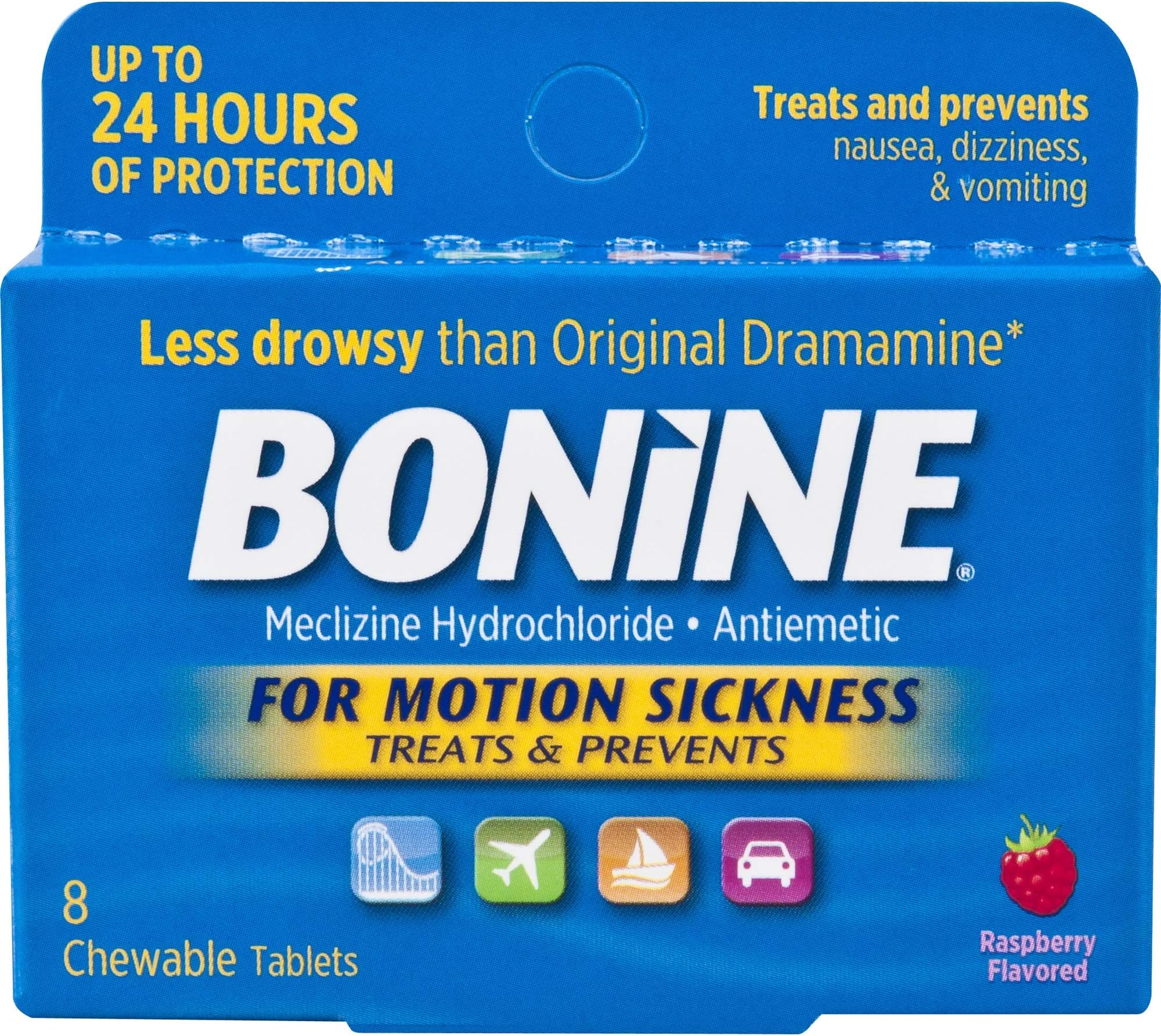 Bonine Motion Sickness Protection, Chewable Tablets, Raspberry 8 ea (Pack of 5)