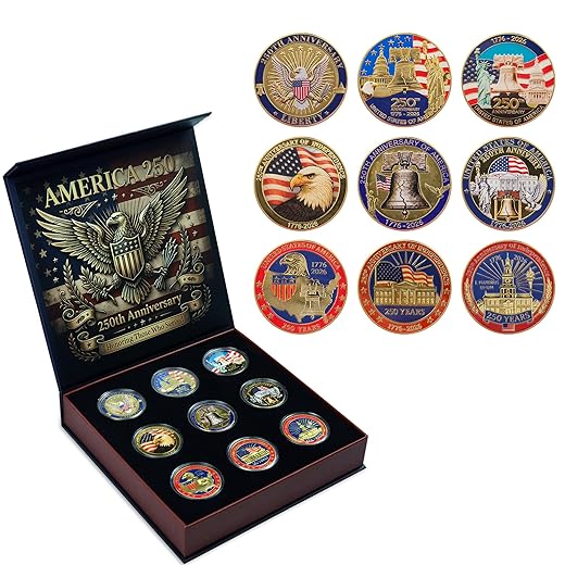 9PCS 250th Anniversary Coin Pack, Patriotic Eagle Metal Coins Set with Storage Case, Vintage Tribute Gift for Veterans Men Dad 2026