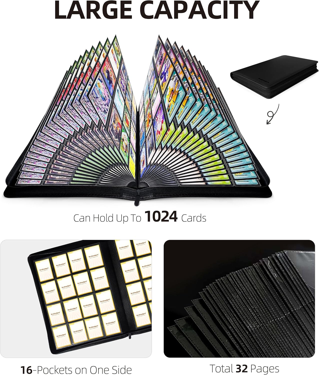 Trading Card Binder 16 Pocket 1024 Cards Black - Premium Ringless Side Loading Album for Sports TCG Gaming Cards