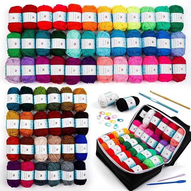 Inscraft 62 Échevins de fils acryliques, 2170 Yards pour tricoter et Crochet, Inclut 2 Crochets, 2 Aiguilles à tisser, 10 Marqueurs de pointes - Kit débutant parfait pour adultes et enfants