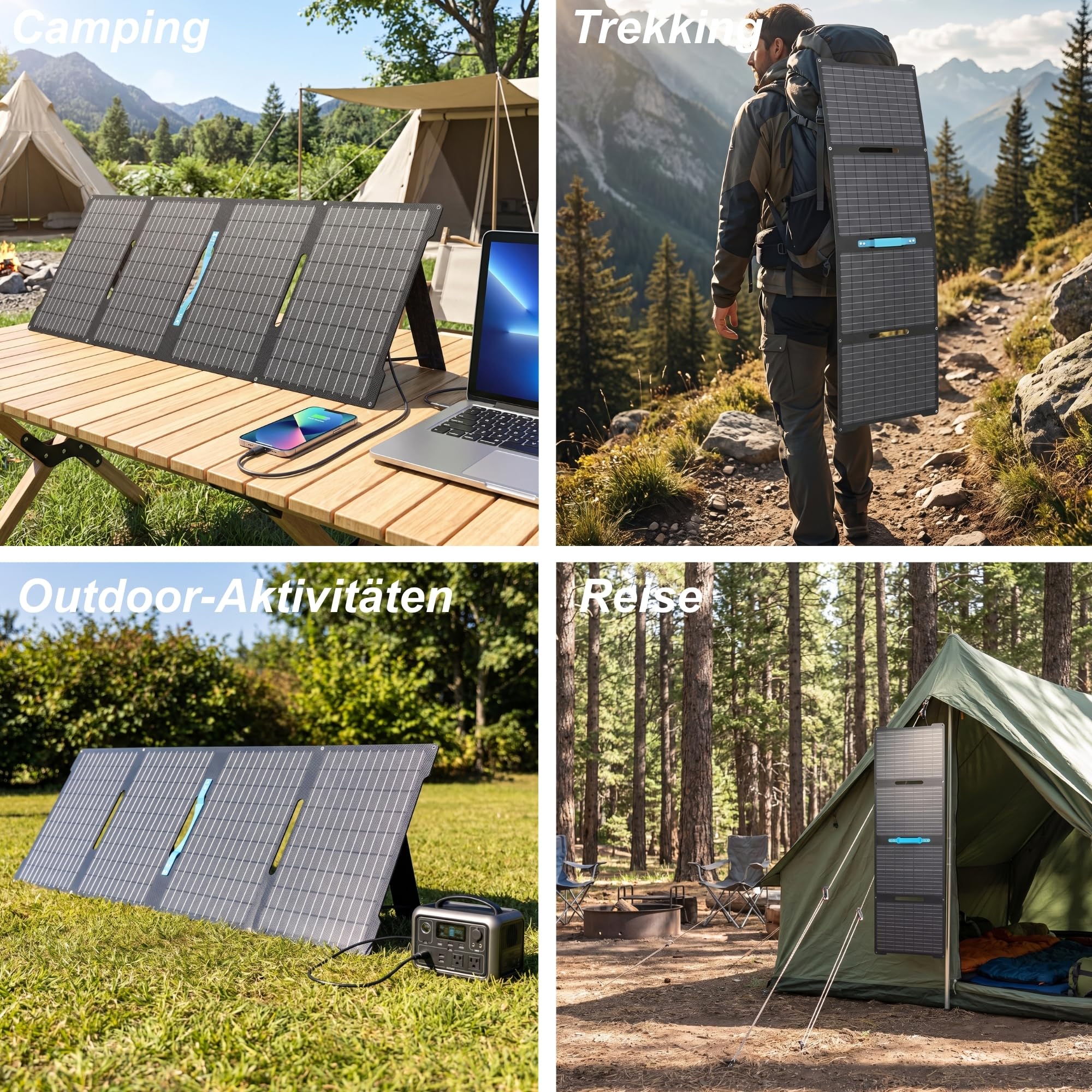 60W Solarpanel, tragbares Solarpanel mit USB-C-, USB-A- und DC-Ausgängen, faltbares ETFE Solarpanel Ladegerät für iPhone, iPad, Powerbank, Camping, Wandern, kleine Generatoren