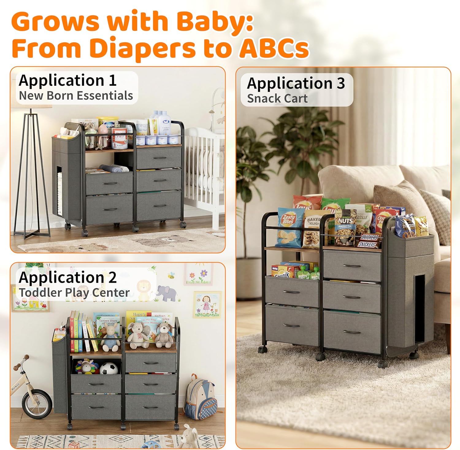 Baby Diaper Caddy Organizer Cart - Bedside Cart with Drawers & Side Storage, Nursery Essentials Stuff & Clothes Organization, 3 Tier Rolling Carts with Wheels for Nursery, Bedroom, Easy to Assemble