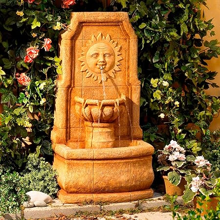 Sun Villa Rustic Happy Sun Face Outdoor Wall Tiered Water Fountain 37" High with LED Light for Garden Patio Backyard Deck Home Lawn Porch House Relaxation Exterior Balcony - John Timberland