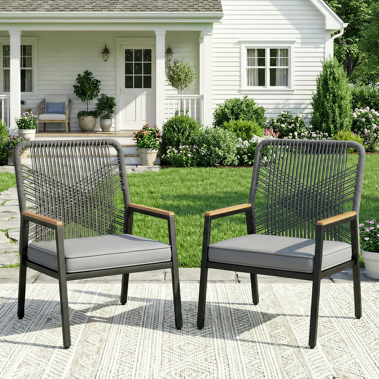 LIFERUN Gartenstuhl aus Korbgeflecht, Gartensessel, Balkonstühle Metall und Rattan, mit 8 cm dicken Sitzkissen, Sturdy Metal Frame & WPC Armrest, für Terrasse, Garten und Veranda