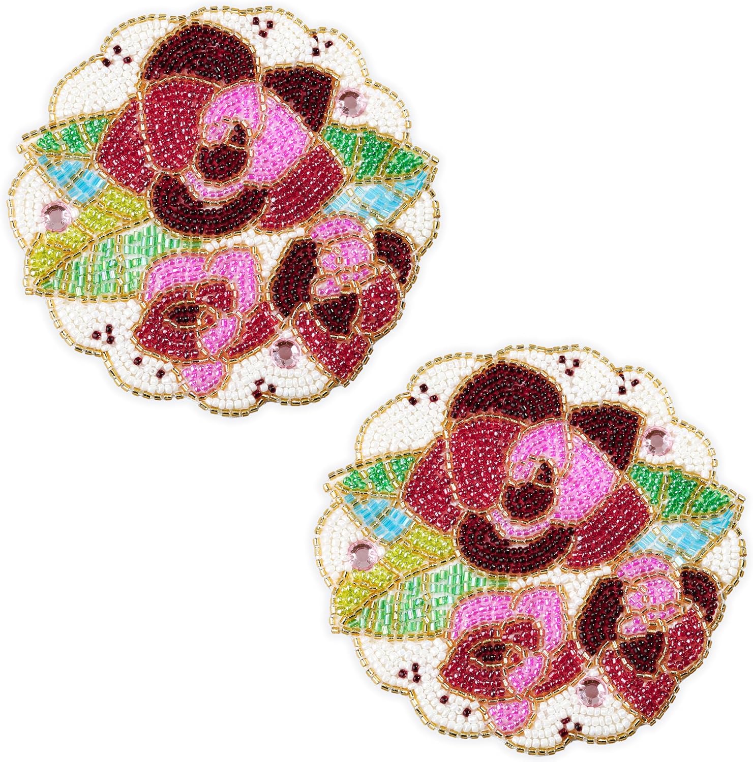 Set of 2pcs Beaded Drink Coaster 4" Floral Coasters for Dining Table Wedding Decoration Party Decor (Sakura3)