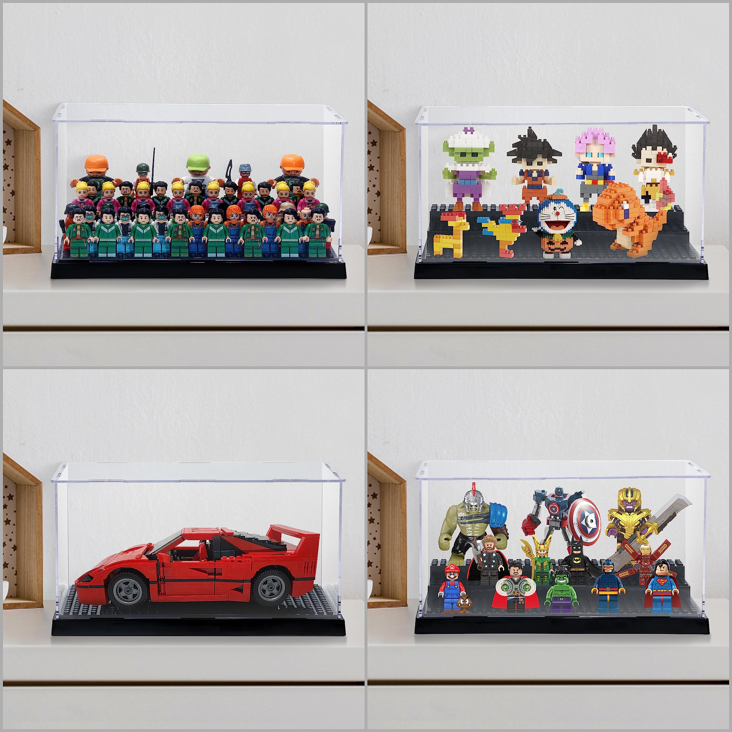Winter Shore - Vitrine Acrylique Transparente 3 Niveaux [Lot de 2] - Vitrine pour Collection Figurine Action, Maquettes - Protection Anti-Poussière avec Plaque Compatible Briques Construction