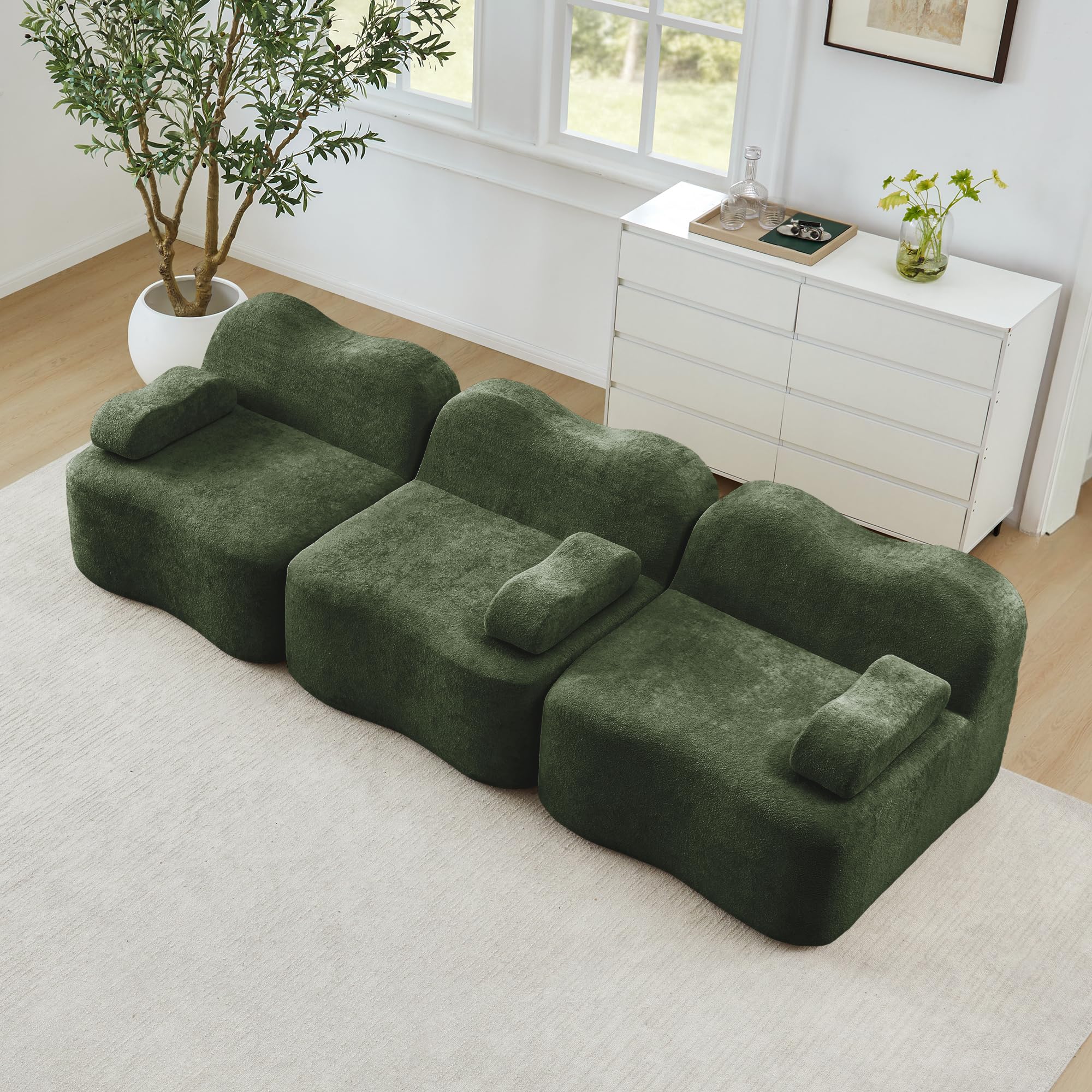 Boneless Sofa 3 Sitzer, Modulares Cloud Sofa ohne Aufbau, Wellenform, 32D Schaum, Tiefe Sitzfläche, Bewegliches Armkissen, für Wohnzimmer, Grün