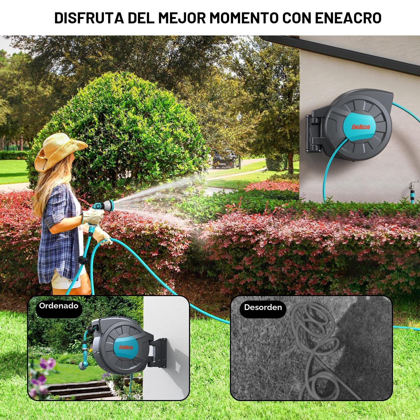 ENEACRO Enrollador Manguera Jardin de 35+2 m | Cartucho de manguera de pared con pistola pulverizadora de 10 funciones y función de enrollado automático, Garden Hose Reel
