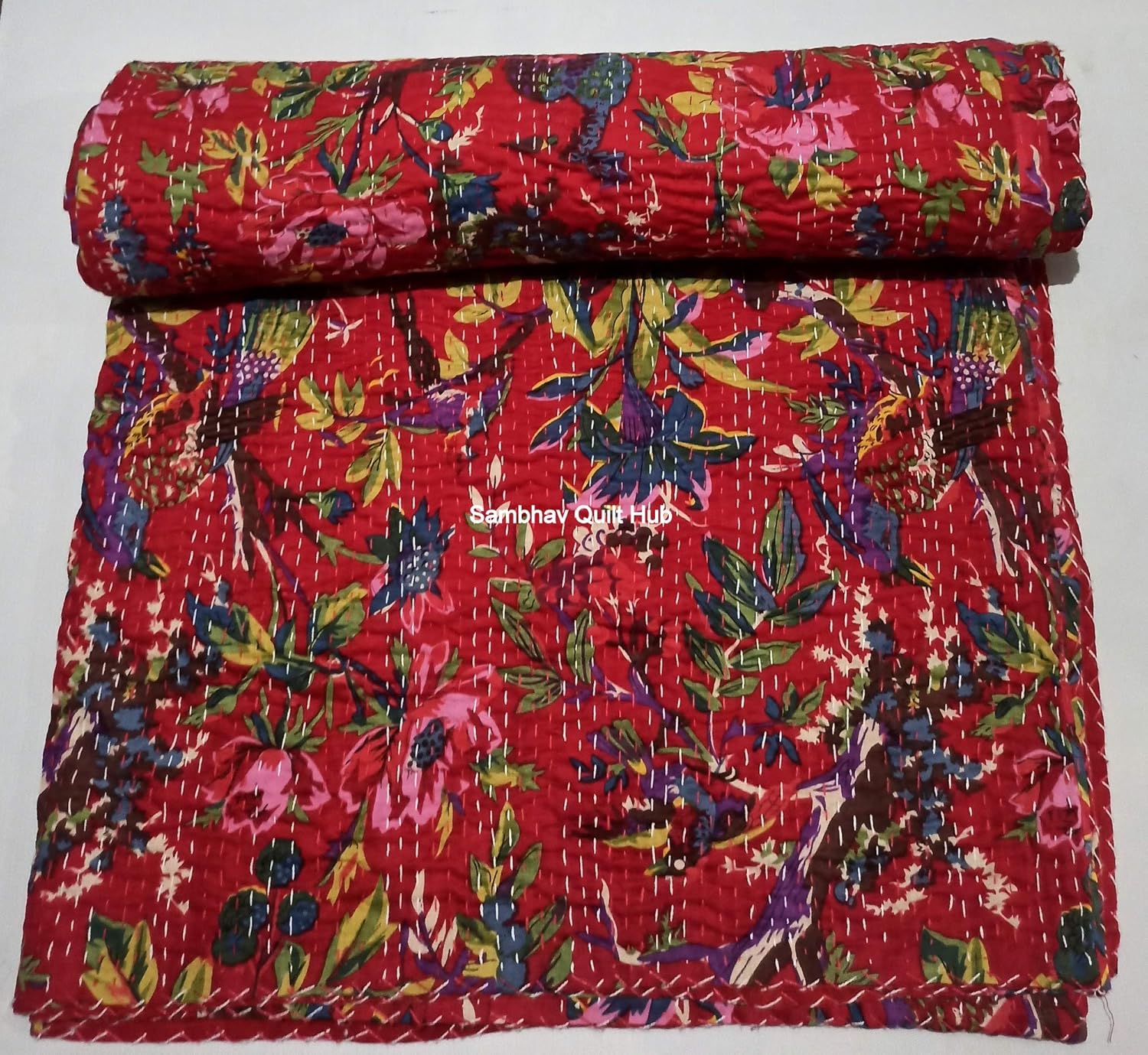 Indian Red Color Boho Floral Bird Kantha Quilt Reversible Kantha Bedding Quilt Bedspread Blanket Hippie Bohemian Kantha Quilting King/Queen Home Decor Bird Kantha Quilt with 2 Pillow (60X90 inches)