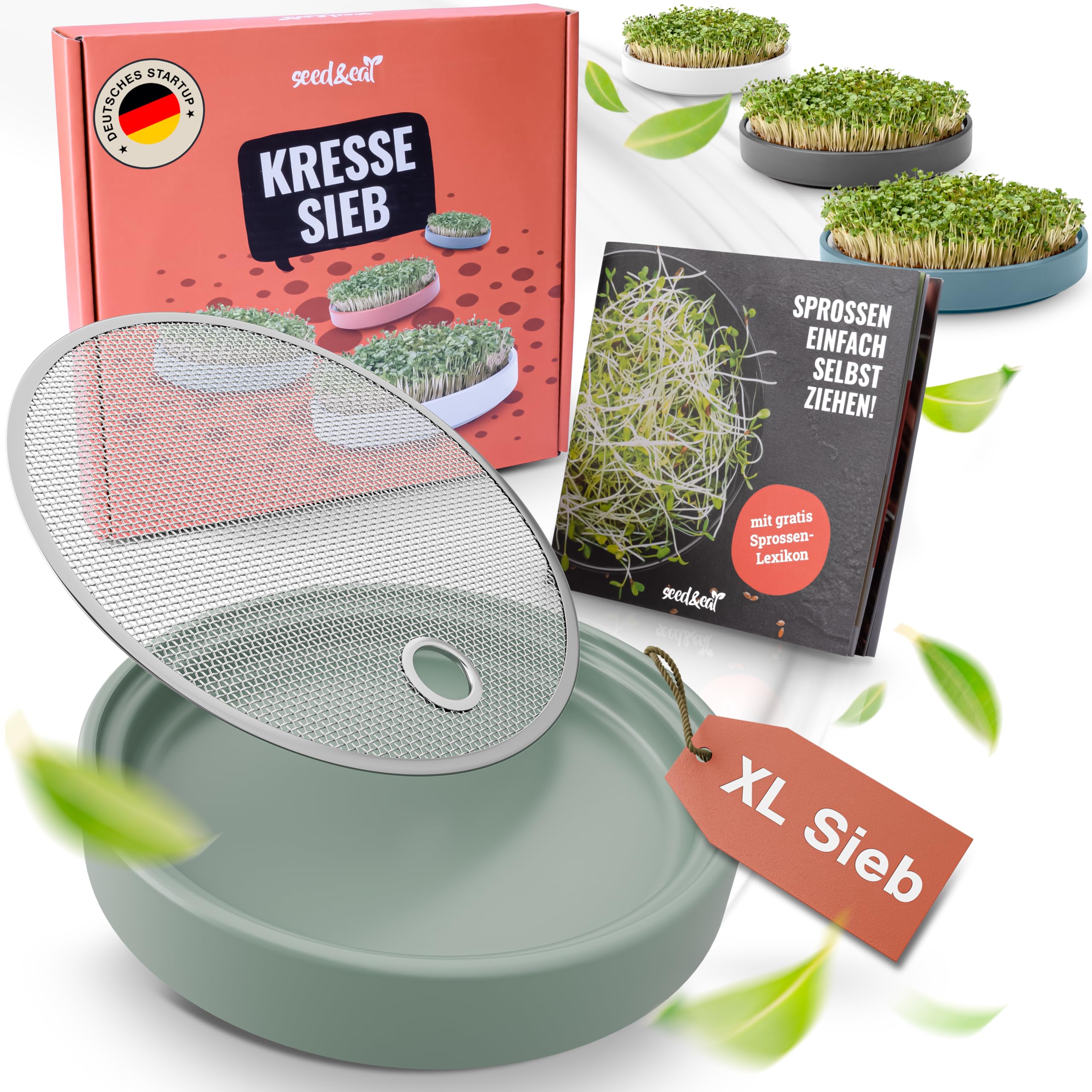 Kressesieb Kressesieb (16cm) | Anzuchtschale für Kresse & Microgreens | Mit Sprossenheft | Keramikschale + Edelstahlsieb
