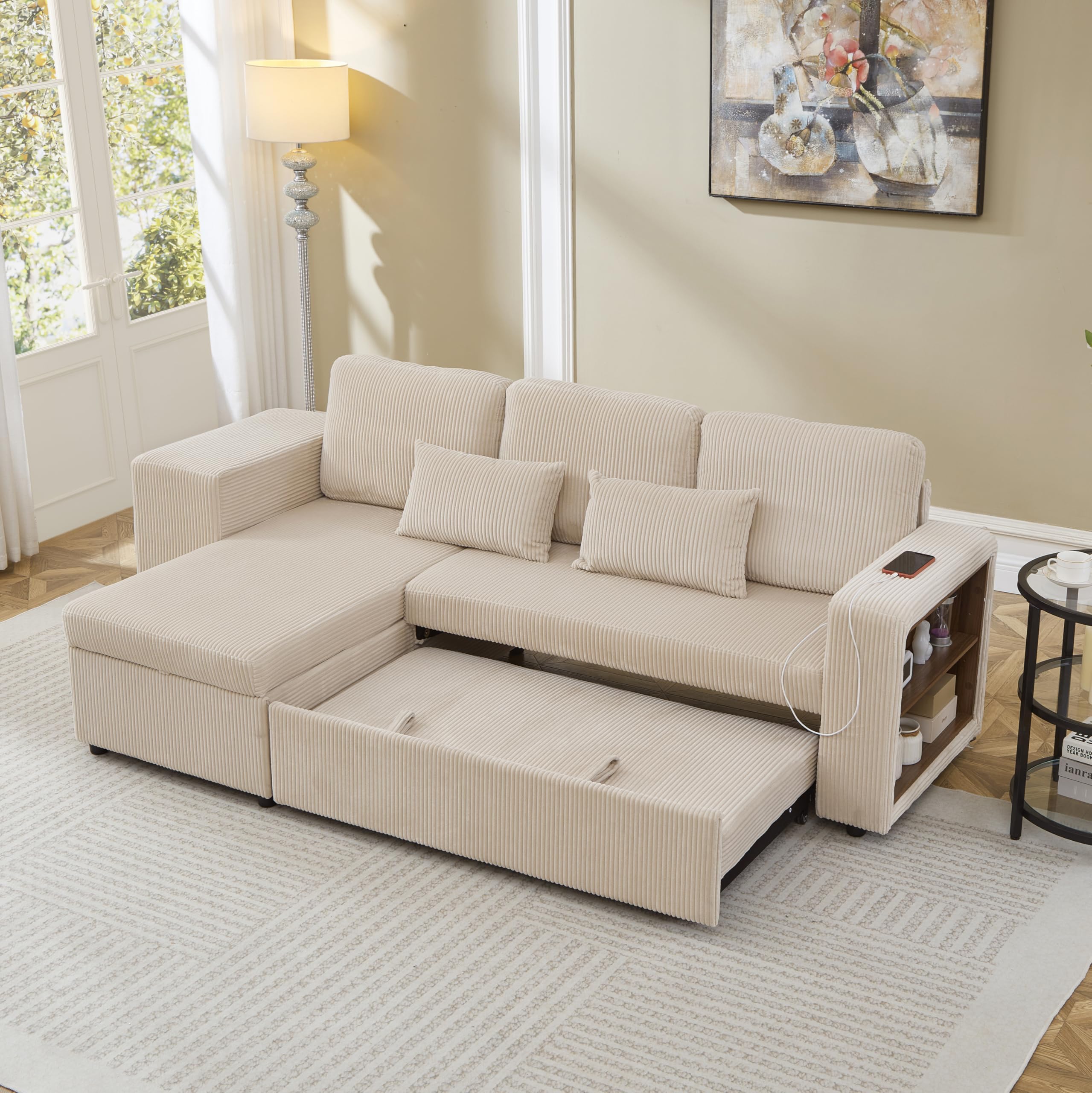 3 Seater Sofa Bed, L-Shaped Convertible Sofa Bed with Internal Storage Chaise and Nesting Footstools, Sleeper Sofa with Integrated Charging Station & Adjustable Armrest Side Storage, Beige