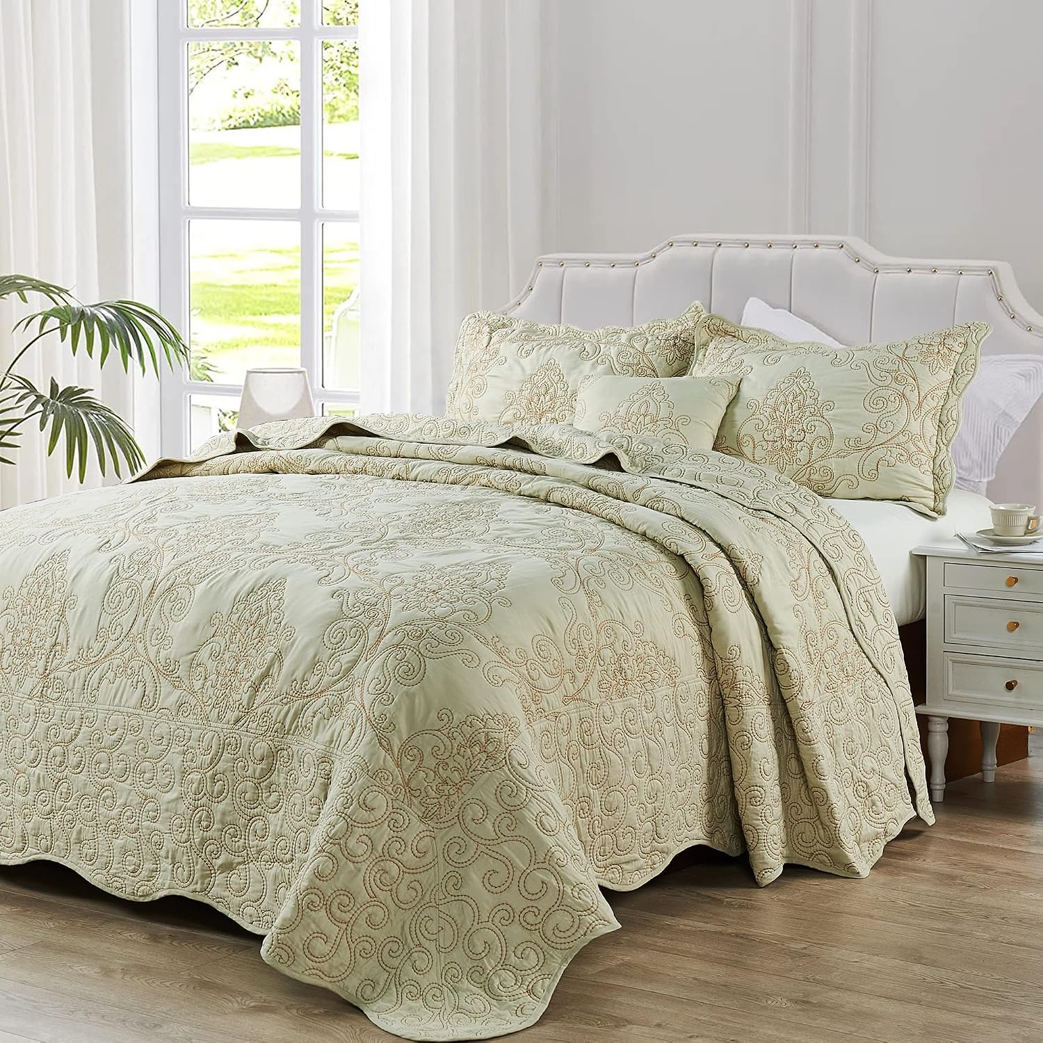 HESTIN 4 Piece Damask Paisley Pattern Quilt Microfiber Soft Lightweight Coverlet Embroidered Bedding Set with Beautiful Stitching for All Season, 102" x 90", Gin