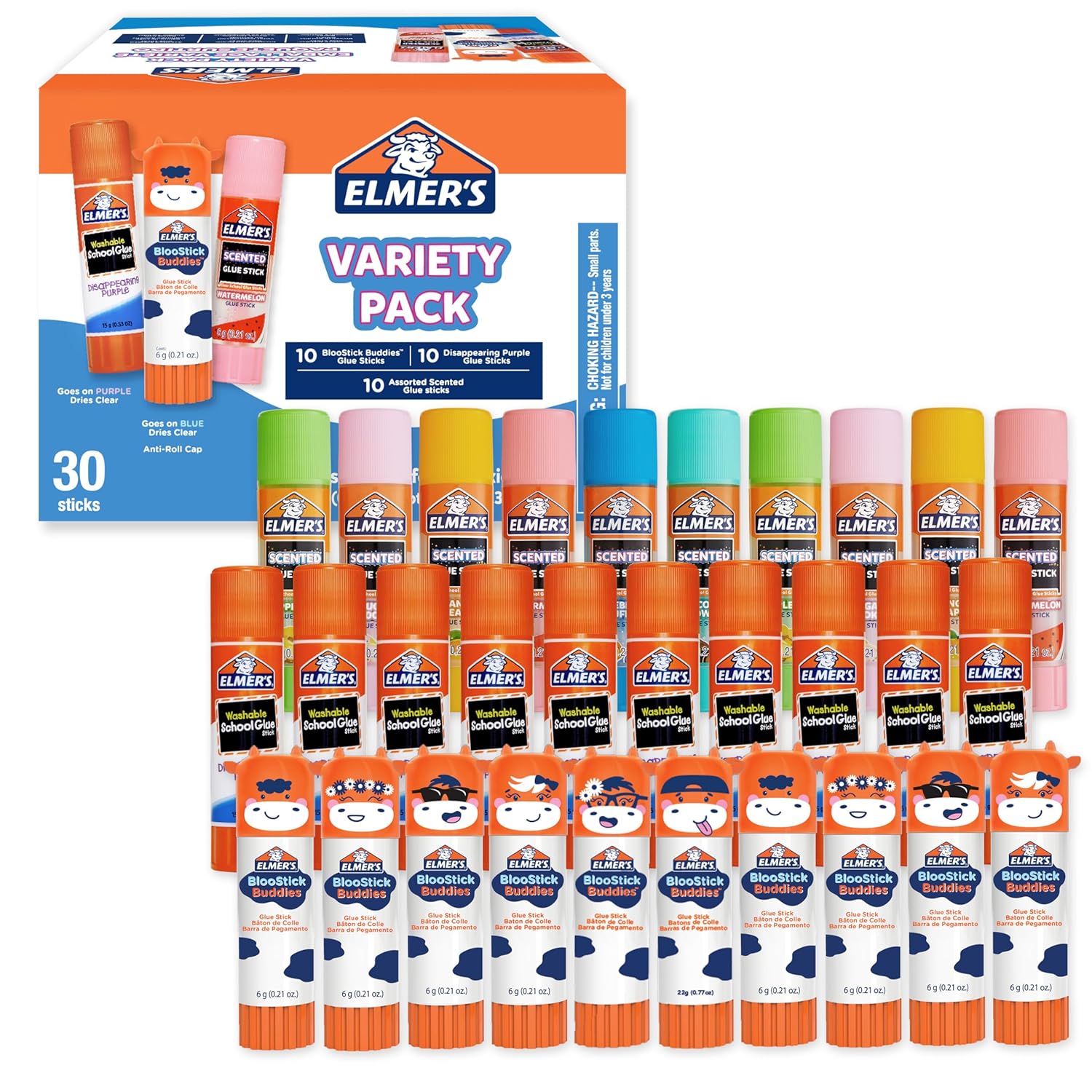 Elmer's Glue Stick Variety Pack, Featuring BlooStick Buddies, Disappearing Purple, and Scented Glue Sticks, Assorted, 30 Count, #1 Teacher Brand