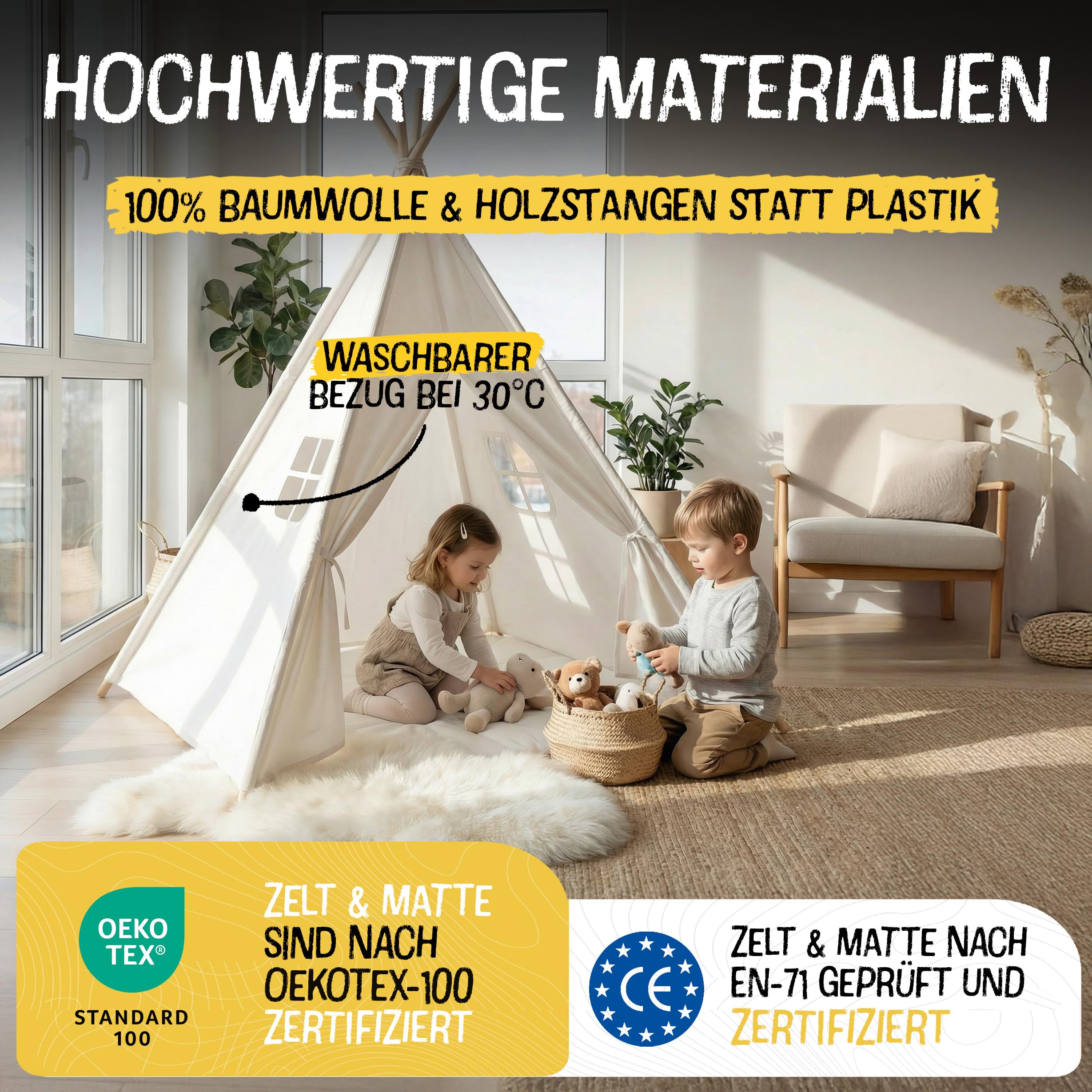 FRIEDO Tipi Zelt für Kinder inkl. Bodenmatte und Stabiler Holzstangen I OEKO-TEX100 zertifiziertes Baumwoll Tippi Kinderzelt Indoor und Outdoor nutzbar I Spielzelt für drinnen z.B. Kinderzimmer