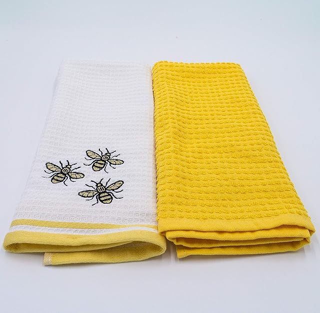 Lex's Linens Embroidered Waffle & Toweling 2 Pack Tea Towel Pack (Yellow & White Bees)