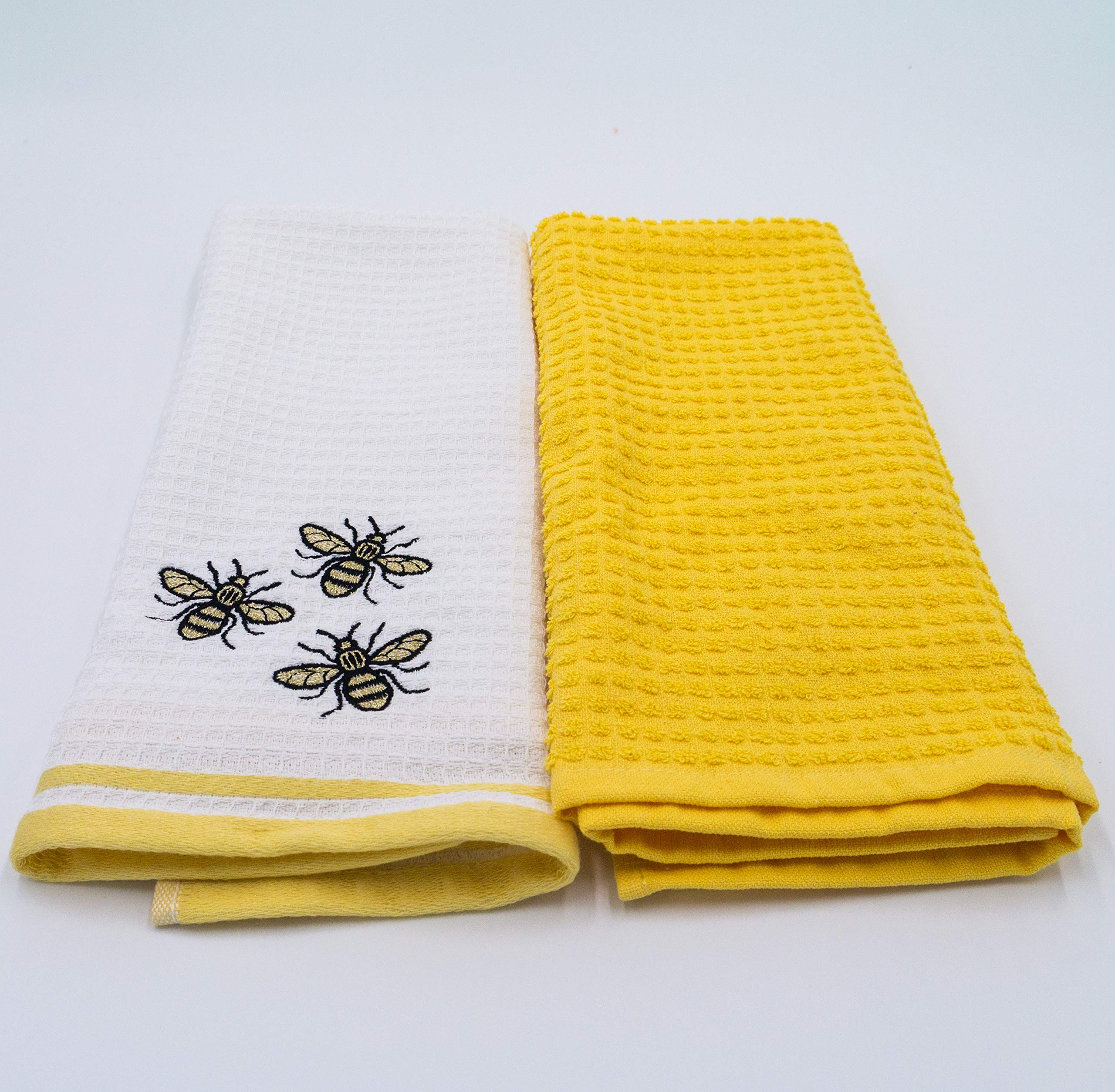 Lex's Linens Yellow & White Bees Embroidered Waffle & Toweling 2 Pack Tea Towel Pack (Yellow & White Bees)