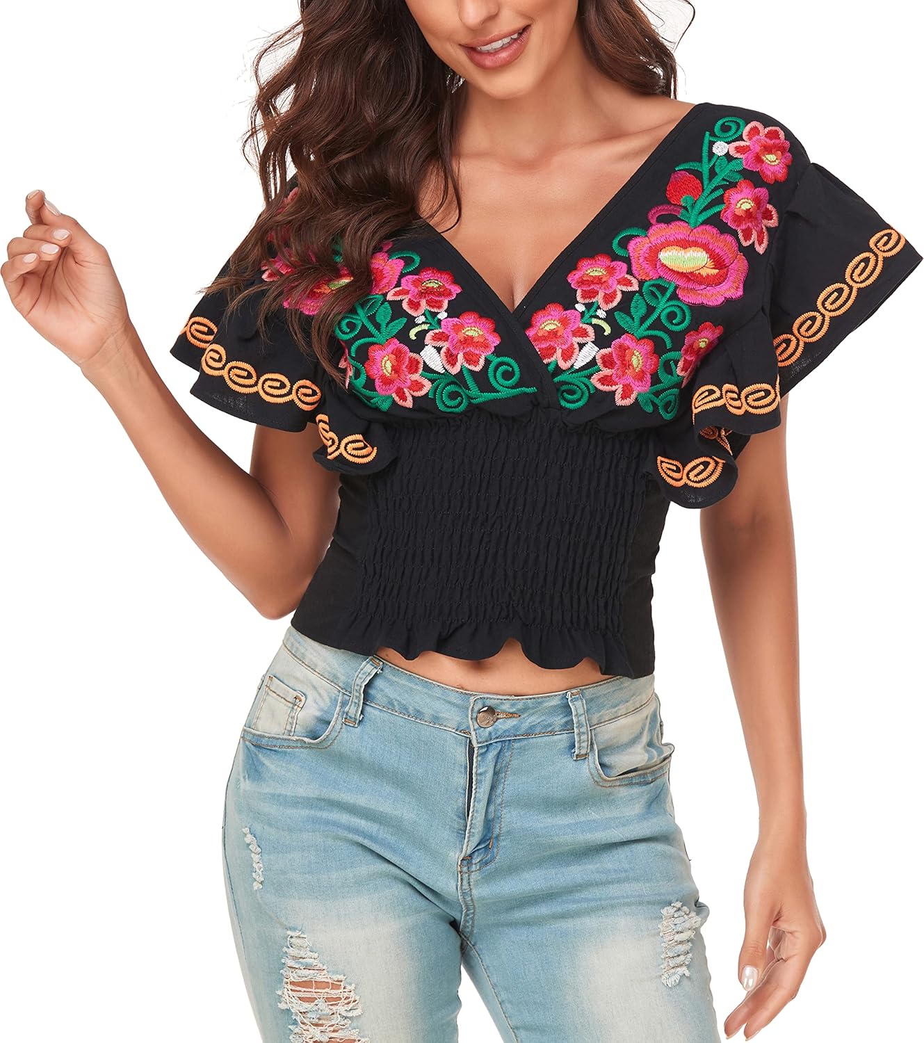 YZXDORWJ Women Mexican Embroidered Off-Shoulder Shirt Lace Falbala Top - Image 2
