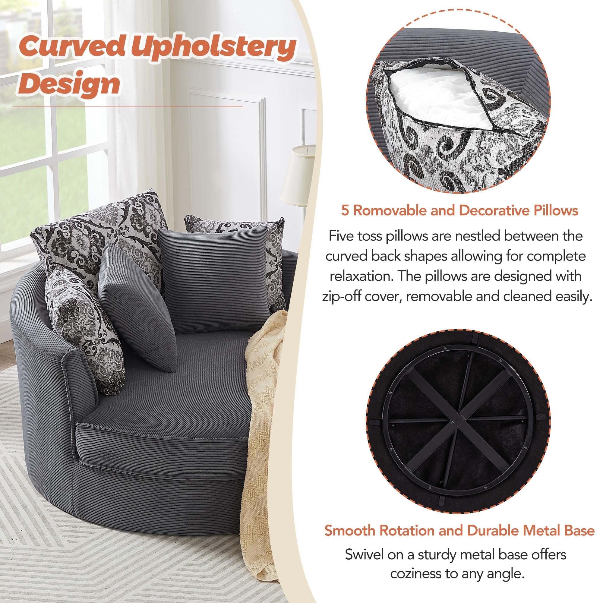 ERYE 51.5" W Oversized Accent Barrel Chair 360°Swivel Round Sofa&Chair ...