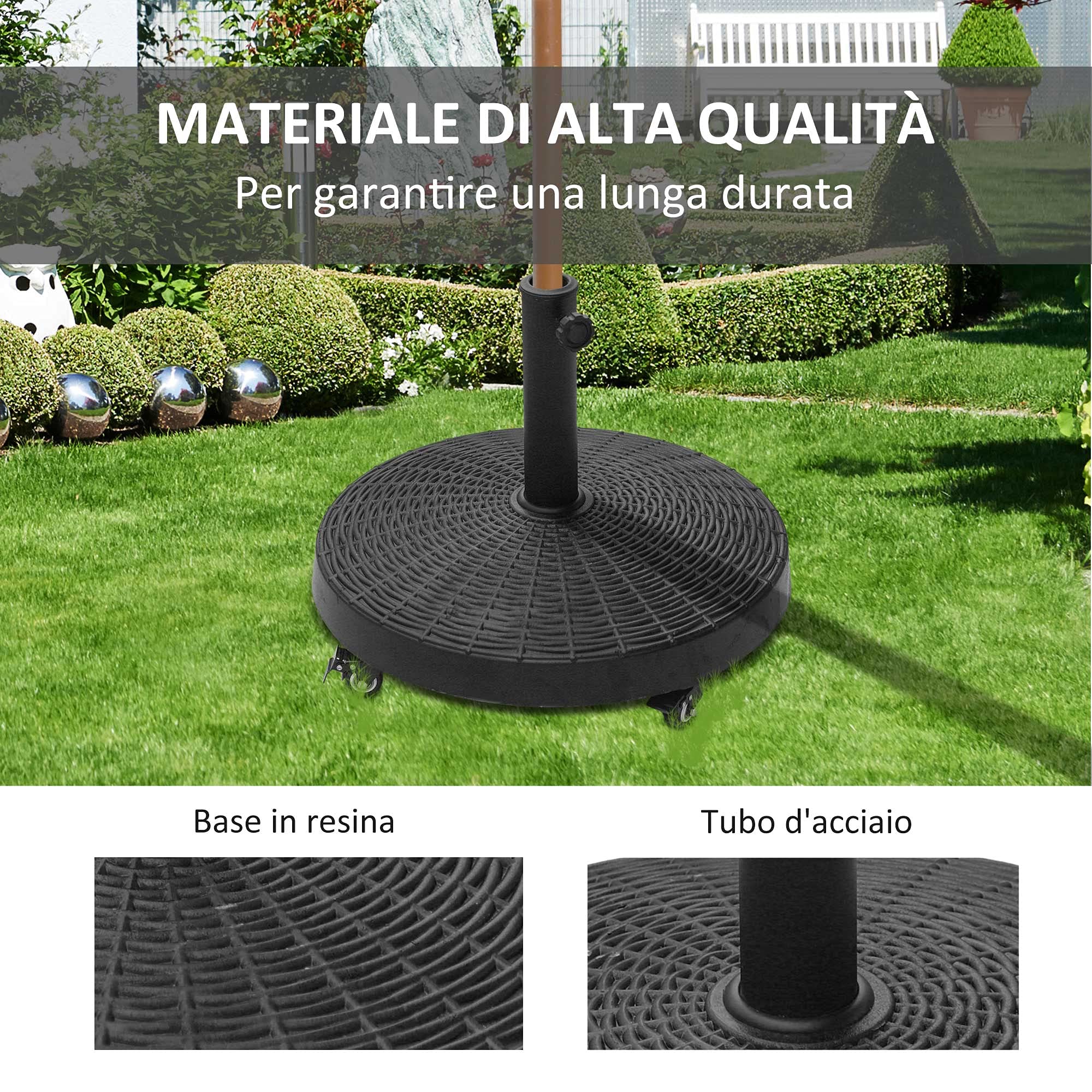 Outsunny Base per Ombrellone da Giardino Rotonda a 4 Ruote con Freni, Base Ombrellone in Metallo e Resina, per Pali di Ombrelloni da Ø38/48 mm, Ø52x41 cm, Nero