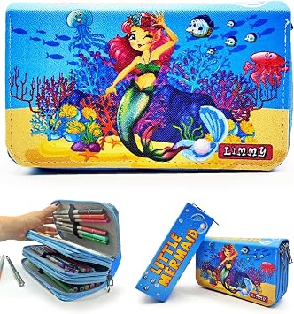Limmy Pencil Case Mermaid Pattern Organizer Pencil Case Vegan Leather Three Compartment Pen Holder-Blue