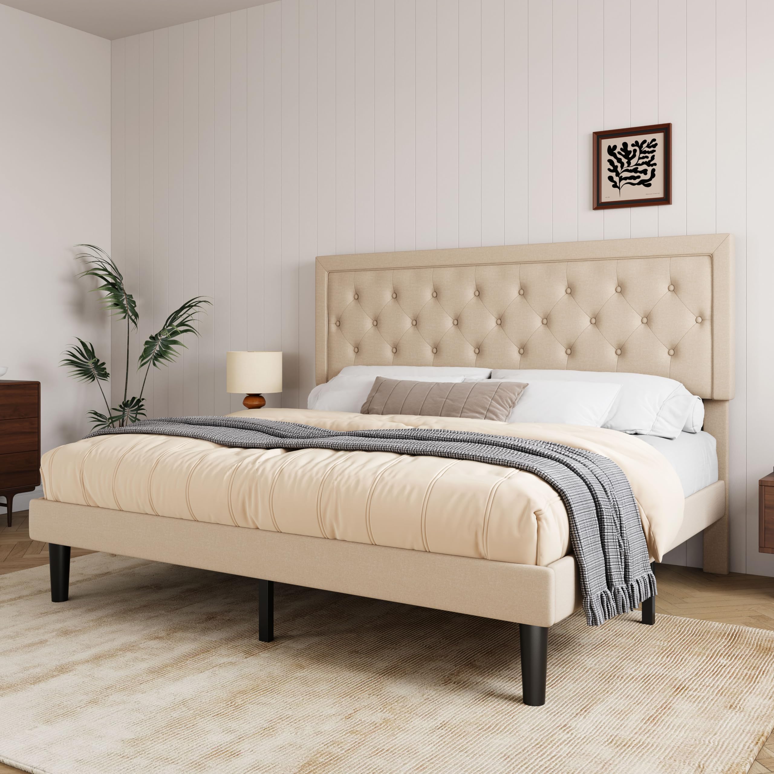 Allewie King Size Platform Bed Frame/Fabric Upholstered Bed Frame with Diamond Button Tufted Headboard/Adjustable Headboard/Wood Slat Support/Mattress Foundation/Beige (King)