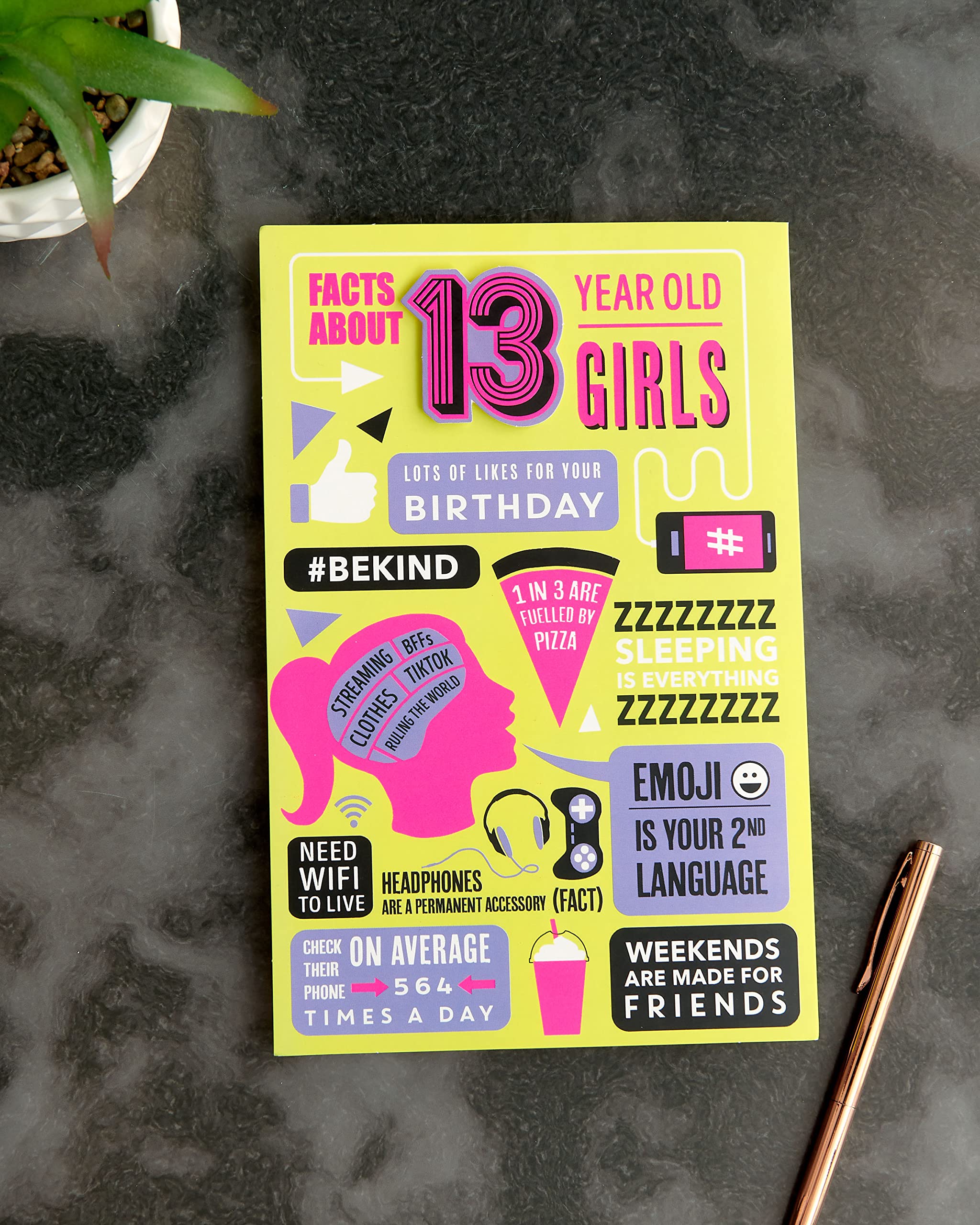 UK Greetings Geburtstagskarte Zum 13. – Für Mädchen, Lustiges Rosa Design Mit Folie, Inkl. Umschlag (137x210 Mm)