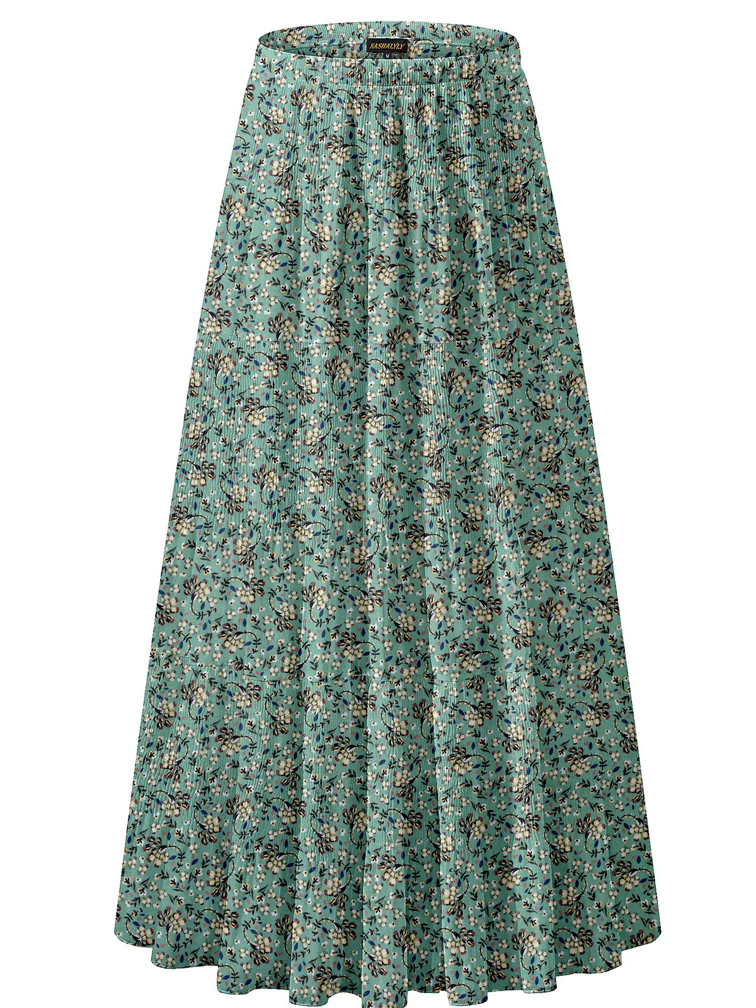 NASHALYLY Women's Chiffon Elastic High Waist Pleated A-Line Maxi Skirts