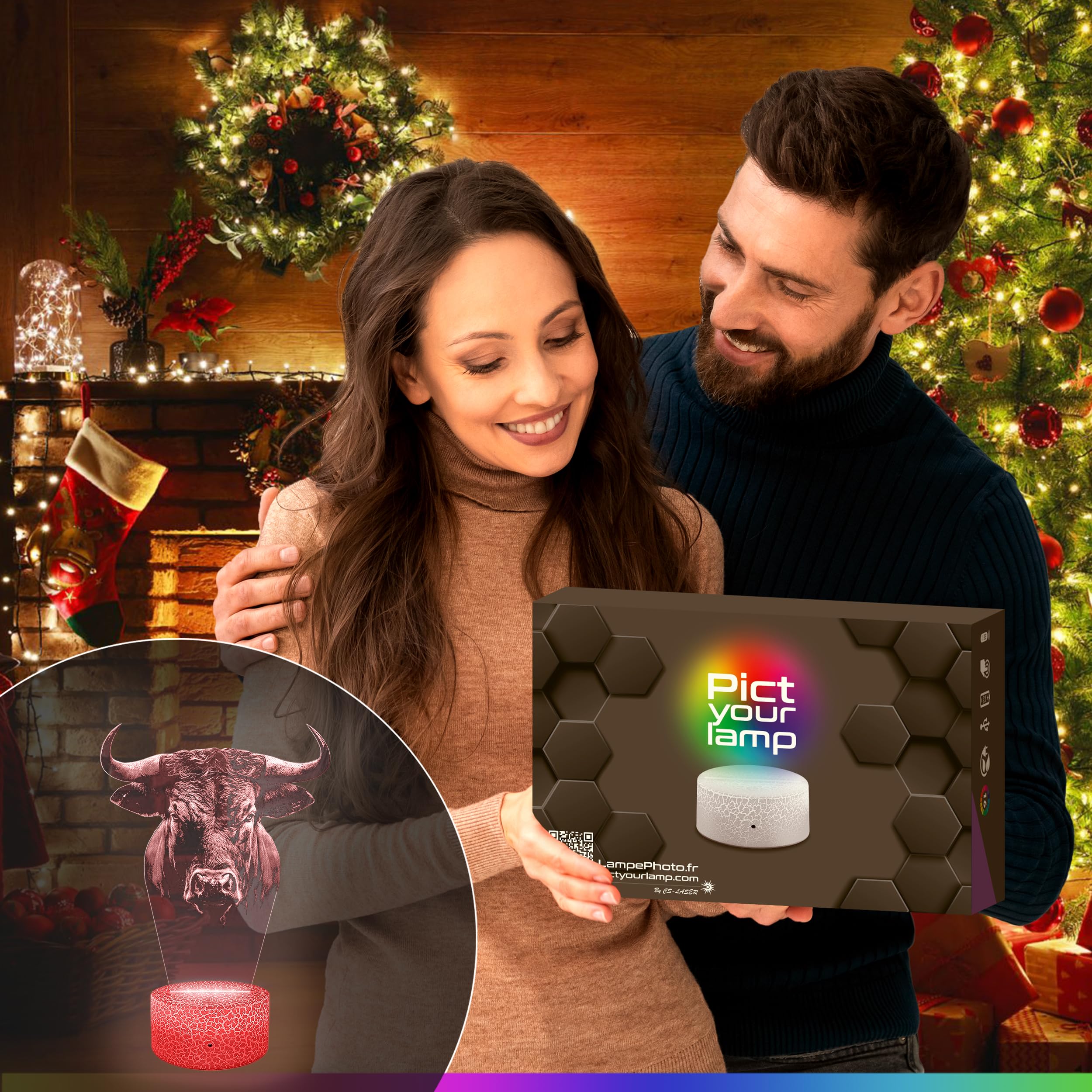 Lampephoto.fr - Lampe Tête de Taureau Veilleuse 3D Bovin, Boeuf | Fait en France, Socle et Format au Choix, Luminosité Ajustable, Piles/USB, Gravure HD au Laser, Idée cadeau Homme, Femme