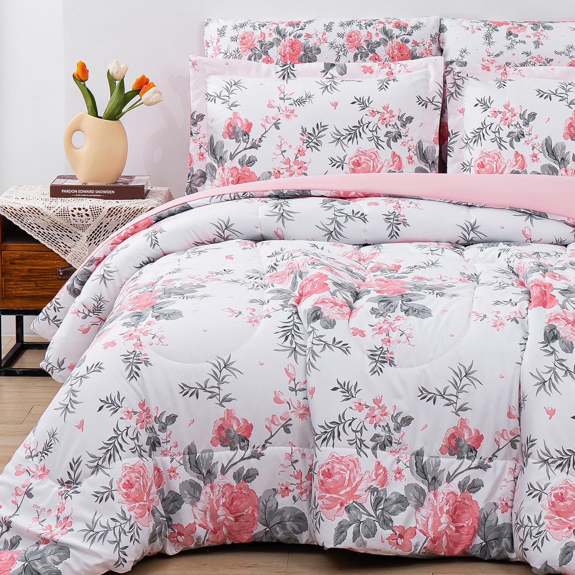 lasoftan Floral King Comforter Set with Sheets, 7 Piece Luxury Vintage Bedding, Soft Microfiber Bed in a Bag, Cozy Lightweight Bed Set, Pink Flower Grey Leaf