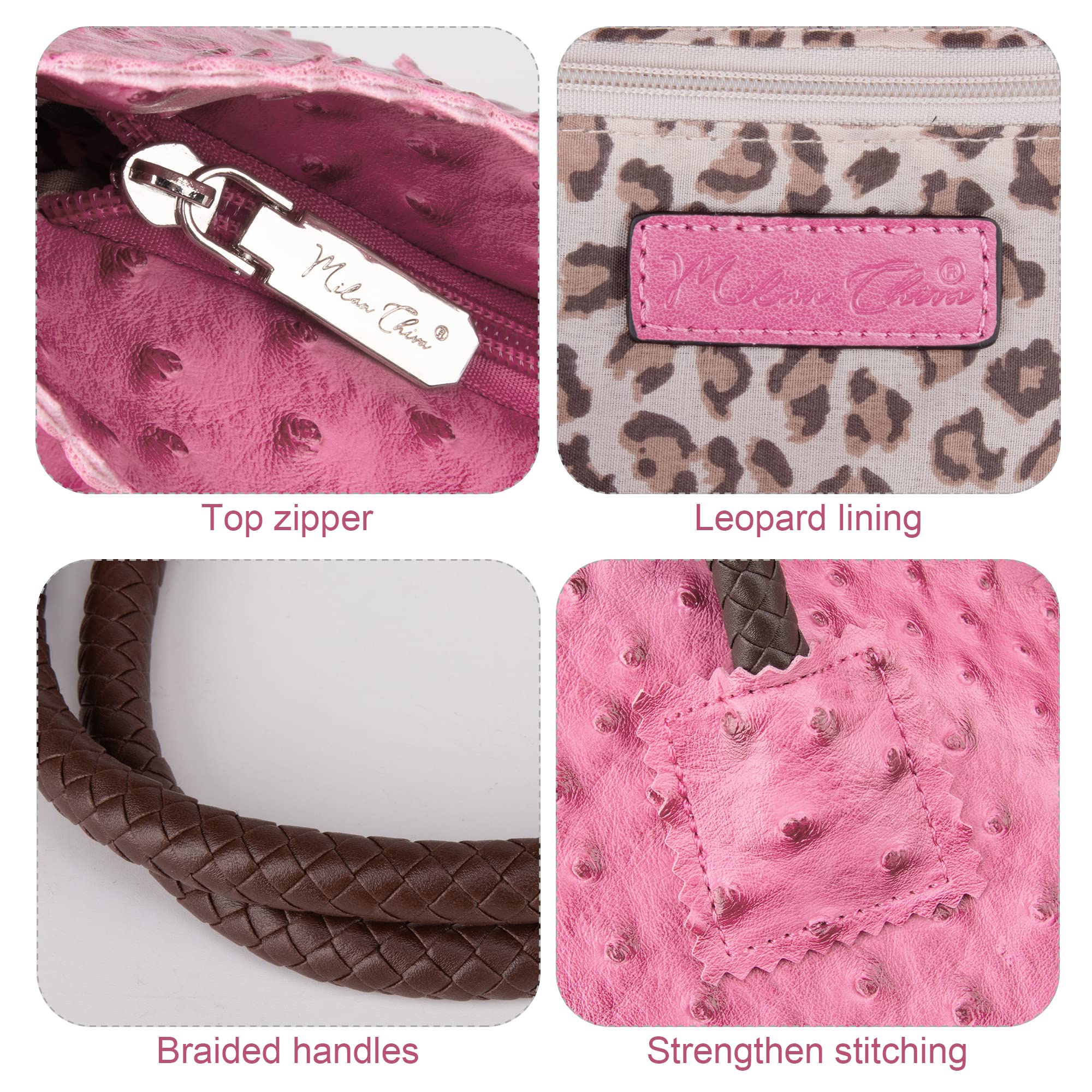 Milan Chiva Tote Bag for Women with Zipper Large Ostrich Vegan Leather Shoulder Purses and Handbags: Fuchsia Rose
