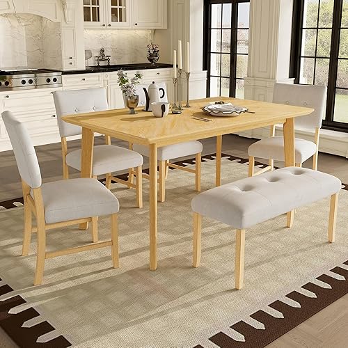 Miniatura 2 de Merax Juego de mesa de comedor de madera maciza de 6 piezas para 6, estilo rústico rectangular con 4 sillas tapizadas de madera y 1 banco, cocina