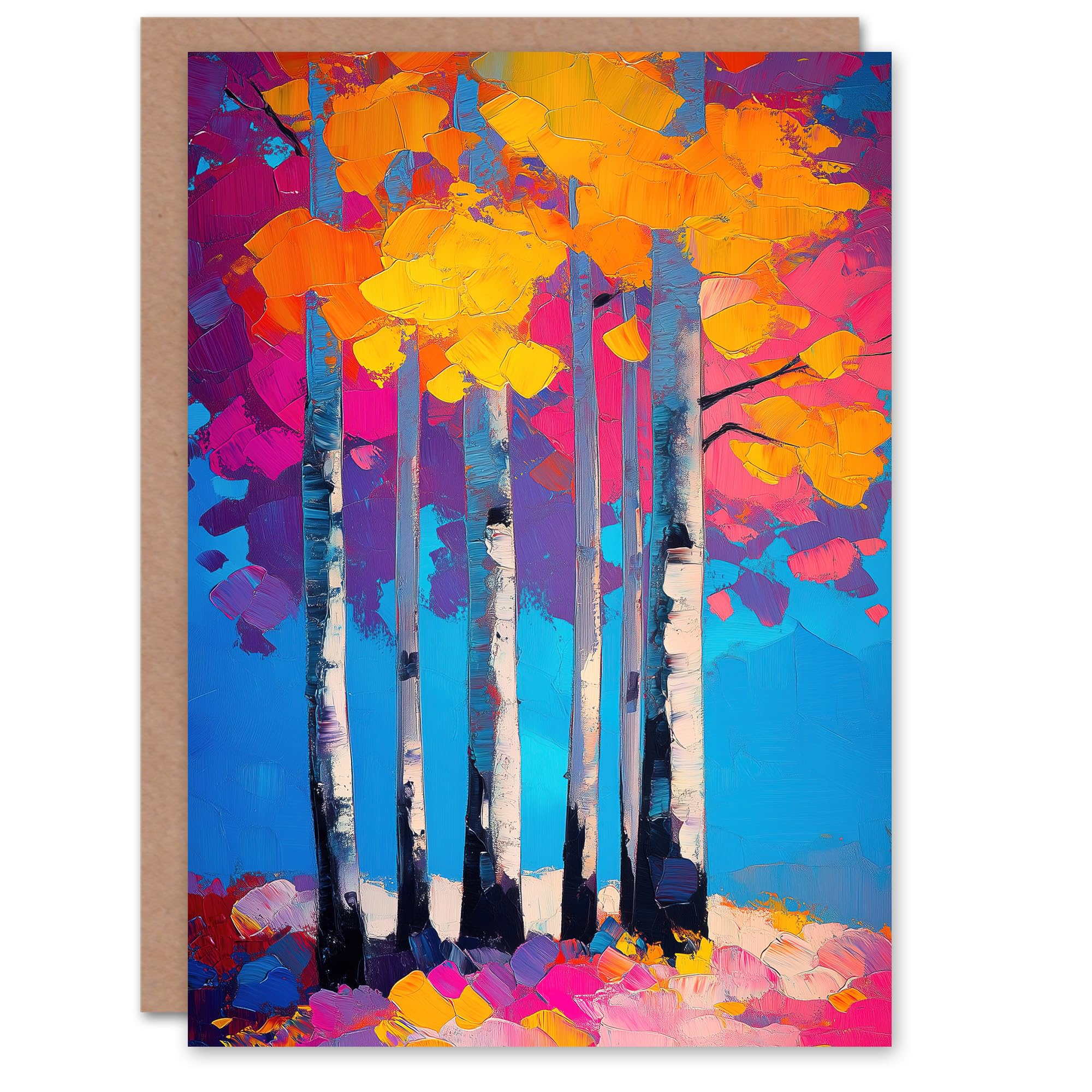 Artery8 Greeting Card Autumn Birch Trees Vibrant Abstract Painting Blank For Him Or Her Art Birthday Card