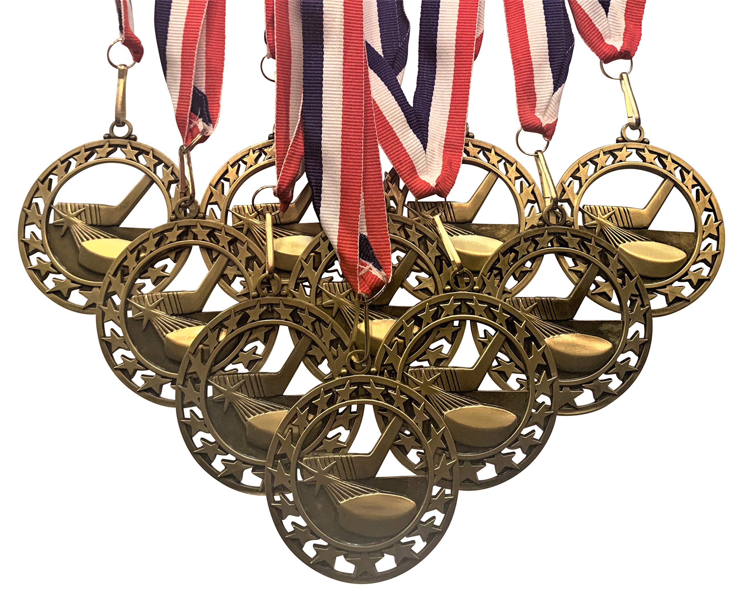 Buy 10 Pack of Gold Hockey Star Medals Trophy Award with Neck Ribbons