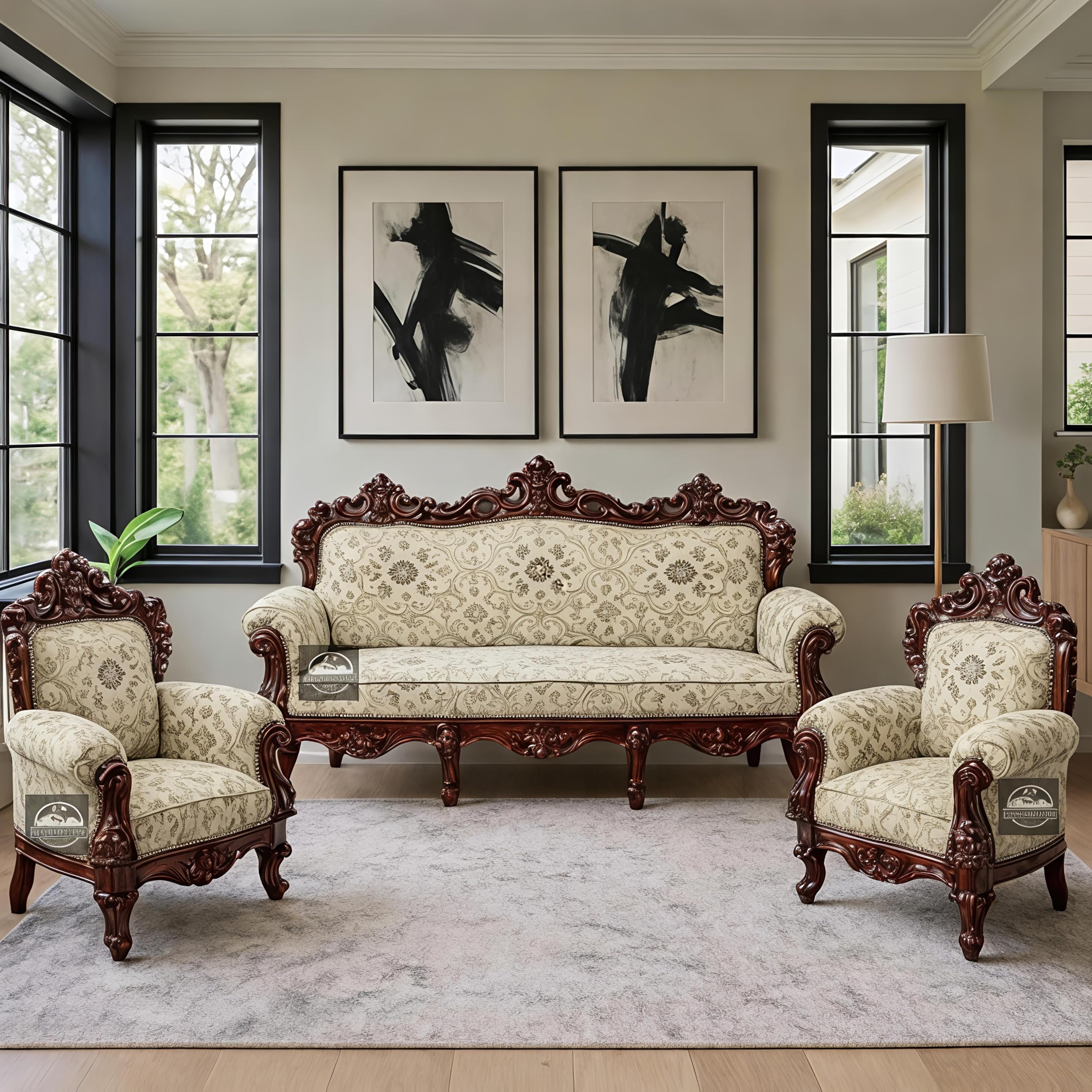 UNIQUE WOOD ART Antique Royal Hand-Carved Teak Wood 5-Seater Sofa Set with Floral Fabric – Traditional Living Room Furniture Victorian Style 3-Piece Living Room Set, Floral Upholstery-image-37