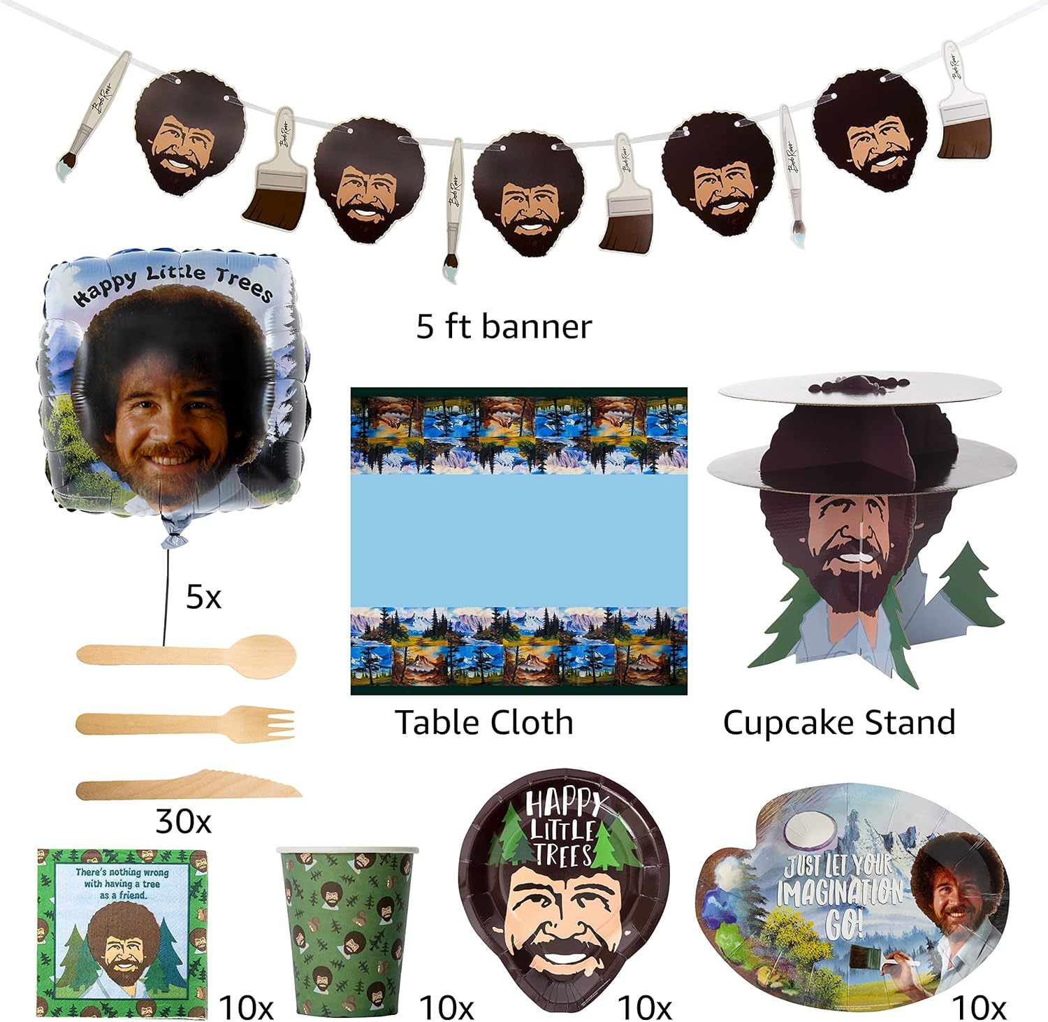 Bob Ross Party In A Box Kit - Serves 10 People - Includes Plates, Napkins, Utensils, Cups & More- Over 100 Pieces - For Bob Ross Fans, Artists, Retirement, Graduation Parties - Party Supplies