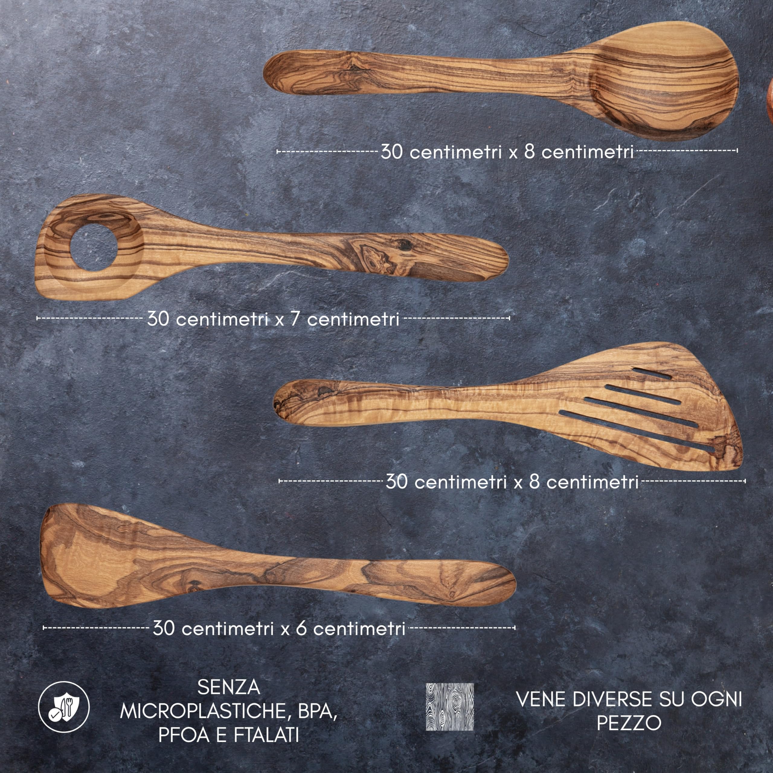Erreke Set Utensili Cucina Legno, Realizzati a Mano in Ulivo Mediterraneo, Set Mestoli Cucina Legno, Cucchiaio, Spatola, Mensolo, Resistenti al Calore e Durevoli, 4 Pezzi