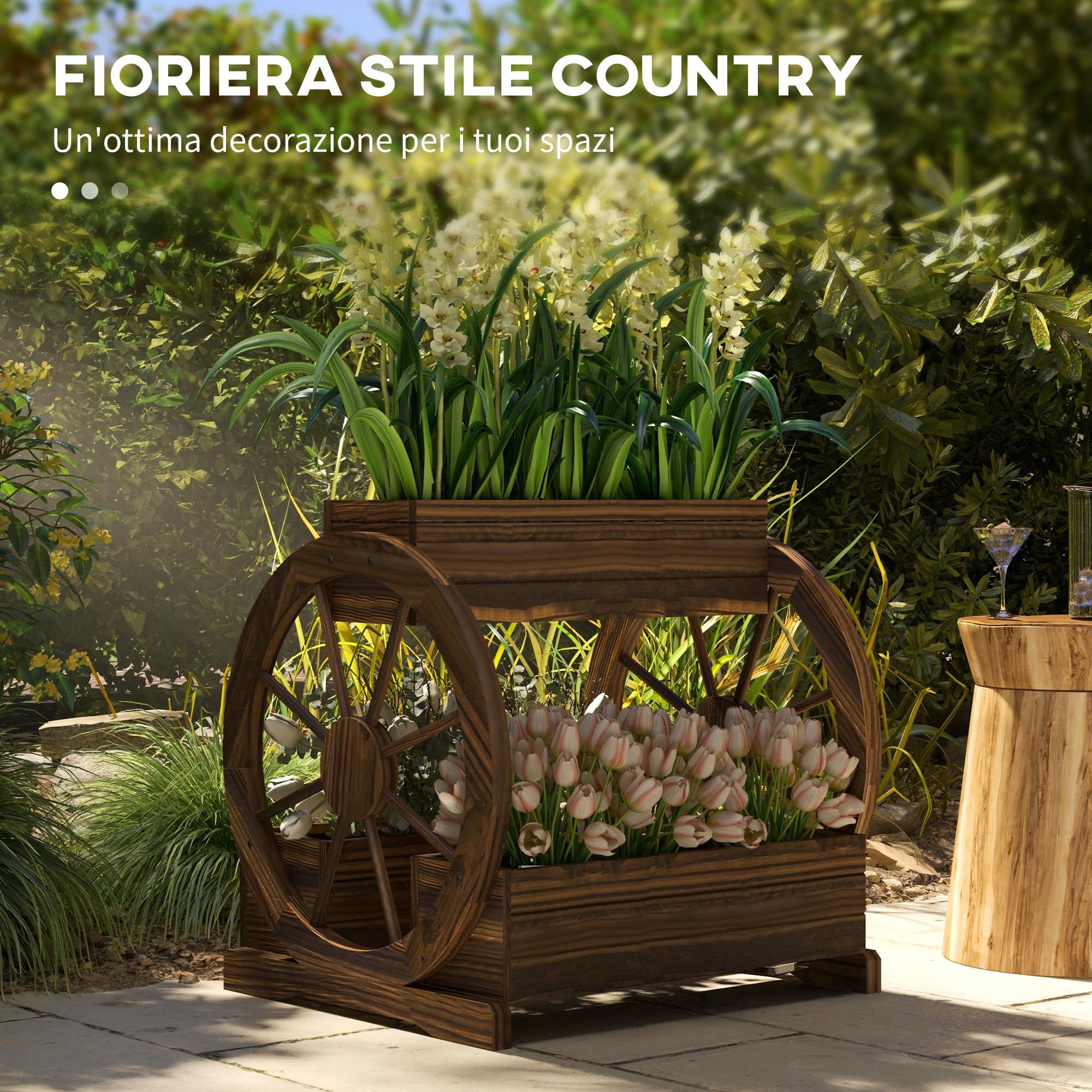 Outsunny Orto Rialzato da Esterno 2 Livelli 3 Vasi Ruote 64x54x60 cm | In Legno, Stile Country, per Fiori Erbe Aromatiche Verdure, Giardino Balcone e Terrazza