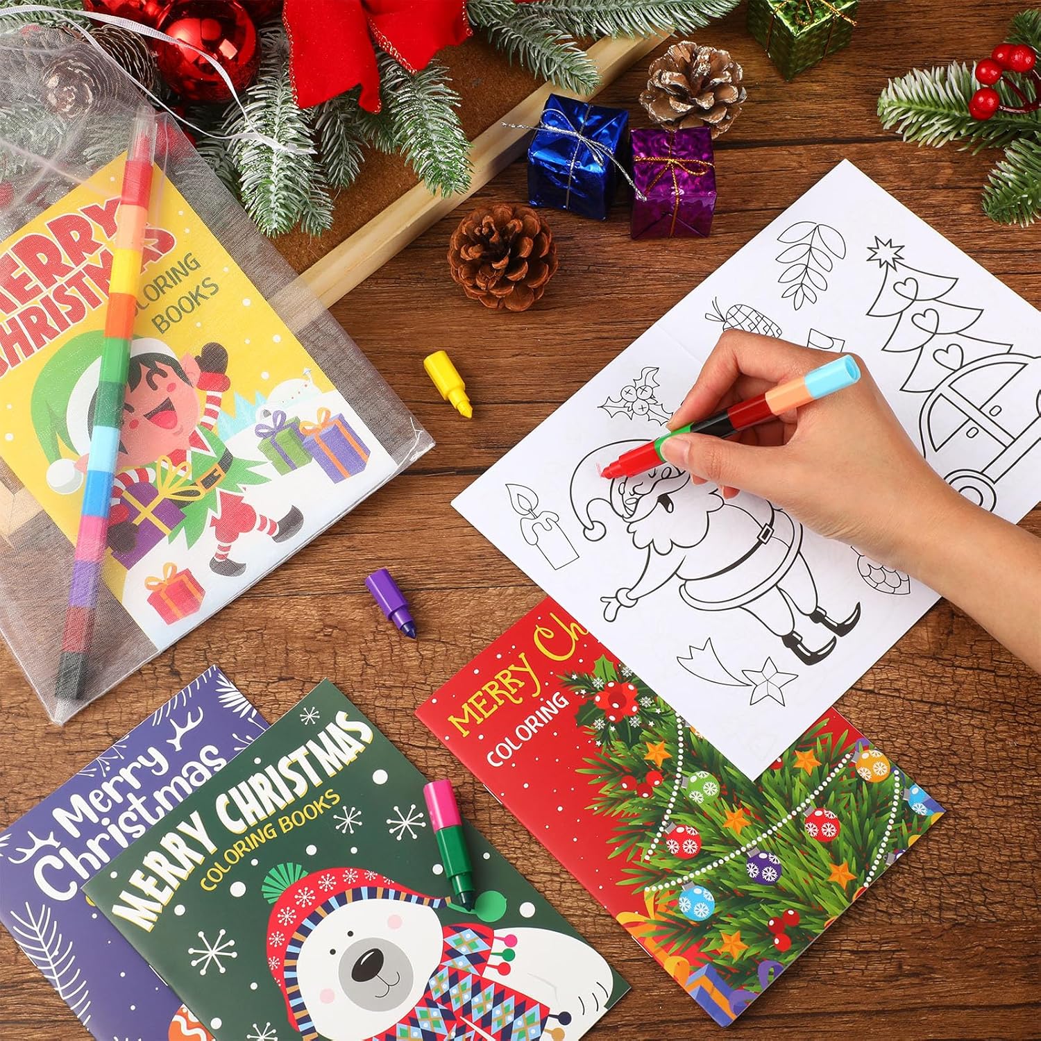 Zhanmai 48 Set Christmas Coloring Books Gift Pack Xmas Coloring Books Bulk for Kids 12 Colors Rainbow Crayons Xmas Goodie Bag Holiday Stuffer Christmas Party Favors for Kids School Classroom Activity