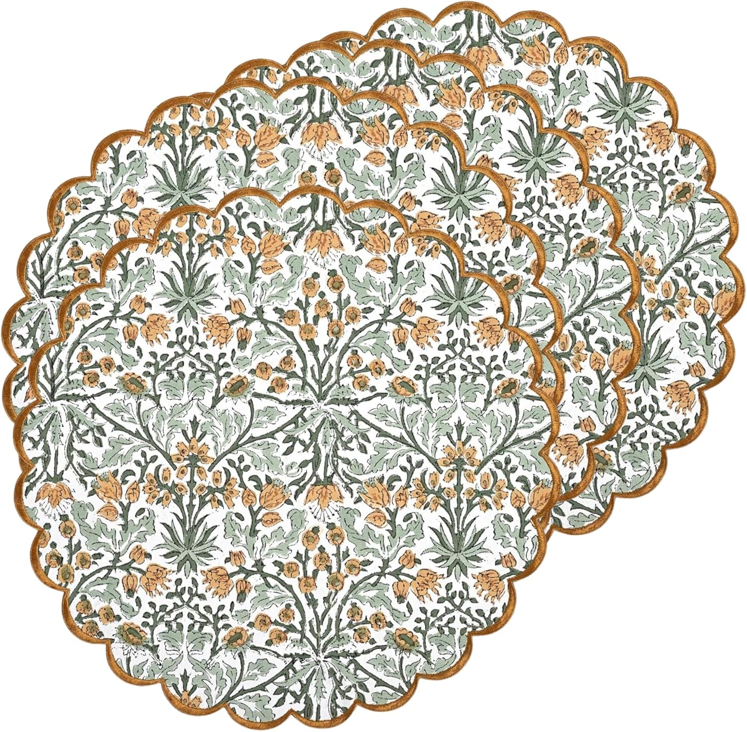 Ridhi Bo-ho Round Place Mat Double Layer Floral Cotton Washable Placemats 15" Round Embroidery Block Print Table Mat (Pack of 4-15 Inch Round, Basil Green)