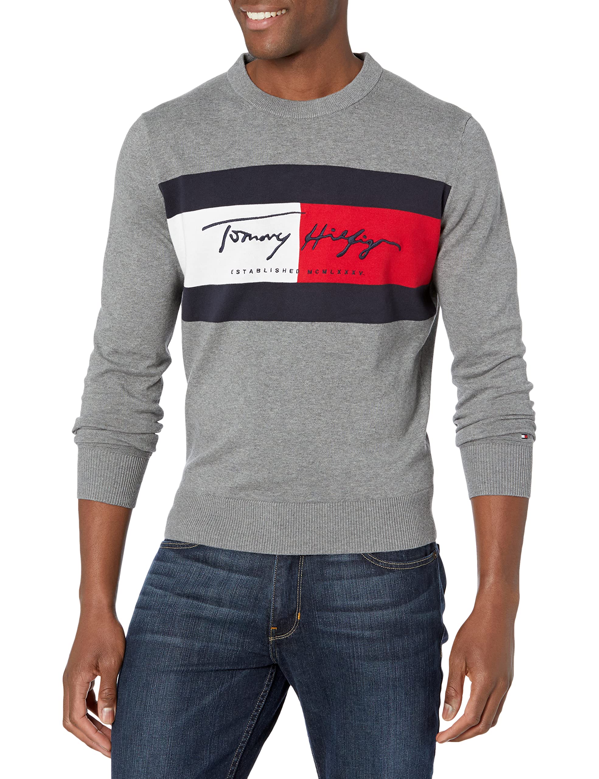 Tommy Hilfiger Long Sleeve Cotton Flag Crewneck Pullover Sweater mens
