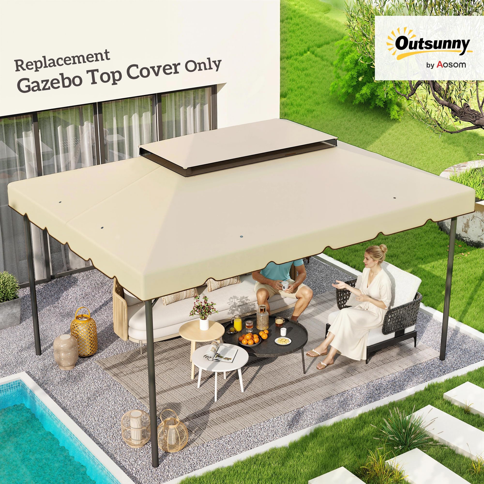 Outsunny Toile de Rechange pour pavillon tonnelle Tente Toit de Remplacement Gazebo de Jardin Tissu Polyester Haute densité 170 g/m² 4 x 3 m Beige