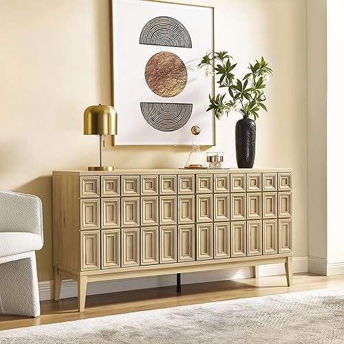 Miniatura 5 de Modway Samos - Aparador retro moderno de 62 pulgadas con almacenamiento en nogal, gabinete de buffet con diseño geométrico de puerta para comedor,