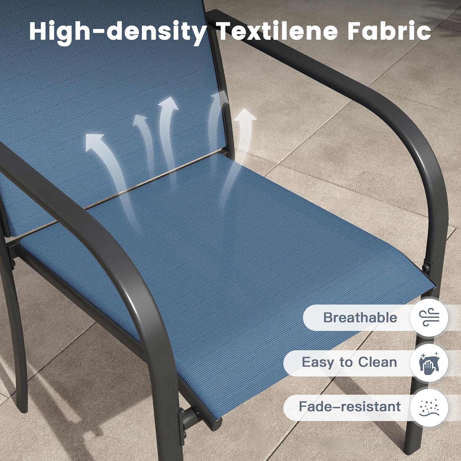 VICLLAX 7 Pieces Patio Outdoor Dining Set, 59" Metal Dining Table with Umbrella Hole and 6 Stackable Textilene Chairs for Patio, Lawn, Garden, Porch, Black/Dark Blue