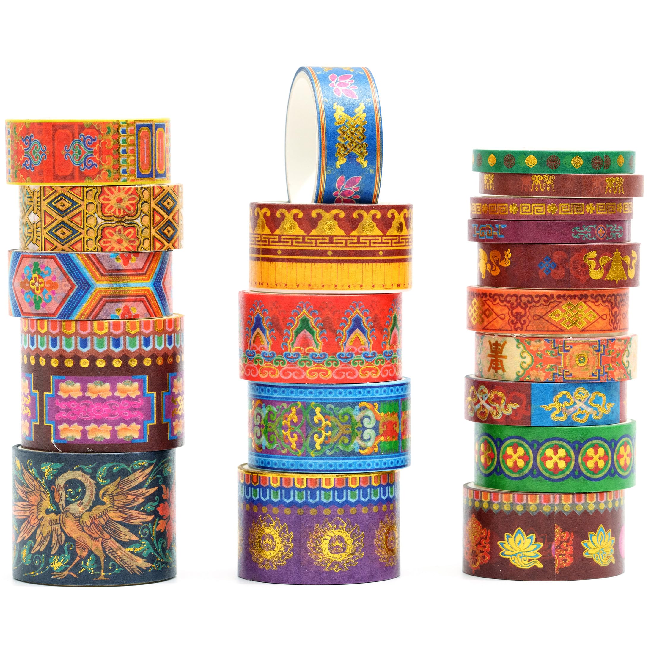 Songdao 20 Rolls Chinese Style Washi Tape Set, Ancient Palace Pattern Decorative Masking Tapes with Gold Foil, Various Sizes for Craft, Scrapbook, DIY, Gift Wrapping (31-Crimson Glow Majesty)