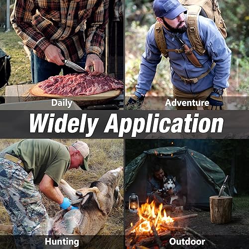 Miniatura 7 de FLISSA Cuchillo de caza de Damasco, cuchillo de hoja fija de 9.5 pulgadas con funda de cuero, cuchillo de supervivencia con mango de sándalo negro