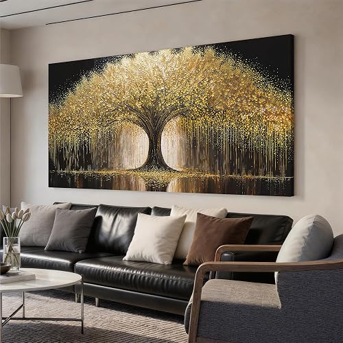 Large Golden Tree of Life Canvas Wall Art 29x58 Inch Modern Ready to Hang Wall Decor for Living Room Bedroom Office