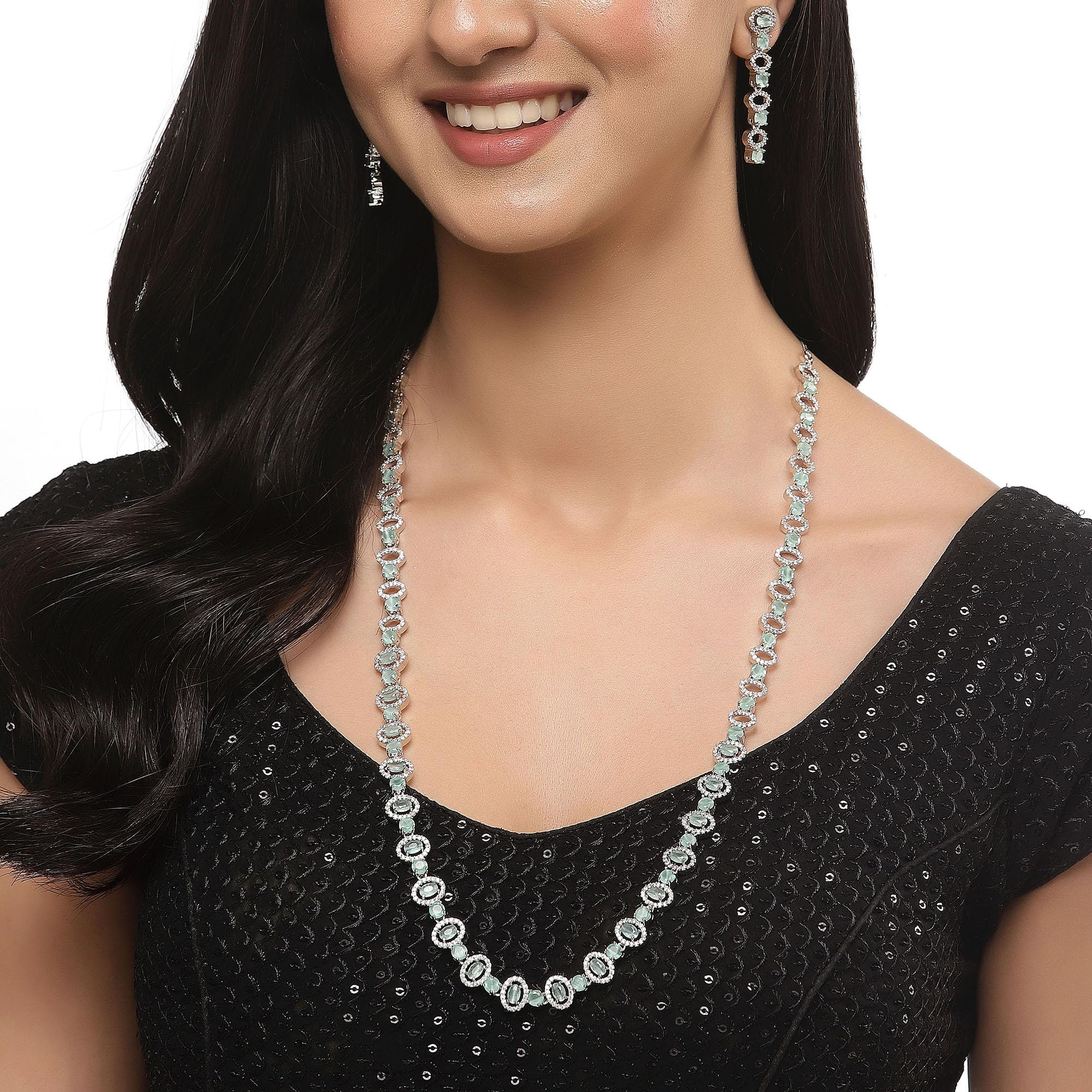 Rhodium-Plated American Diamond Long Necklace Earrings Set