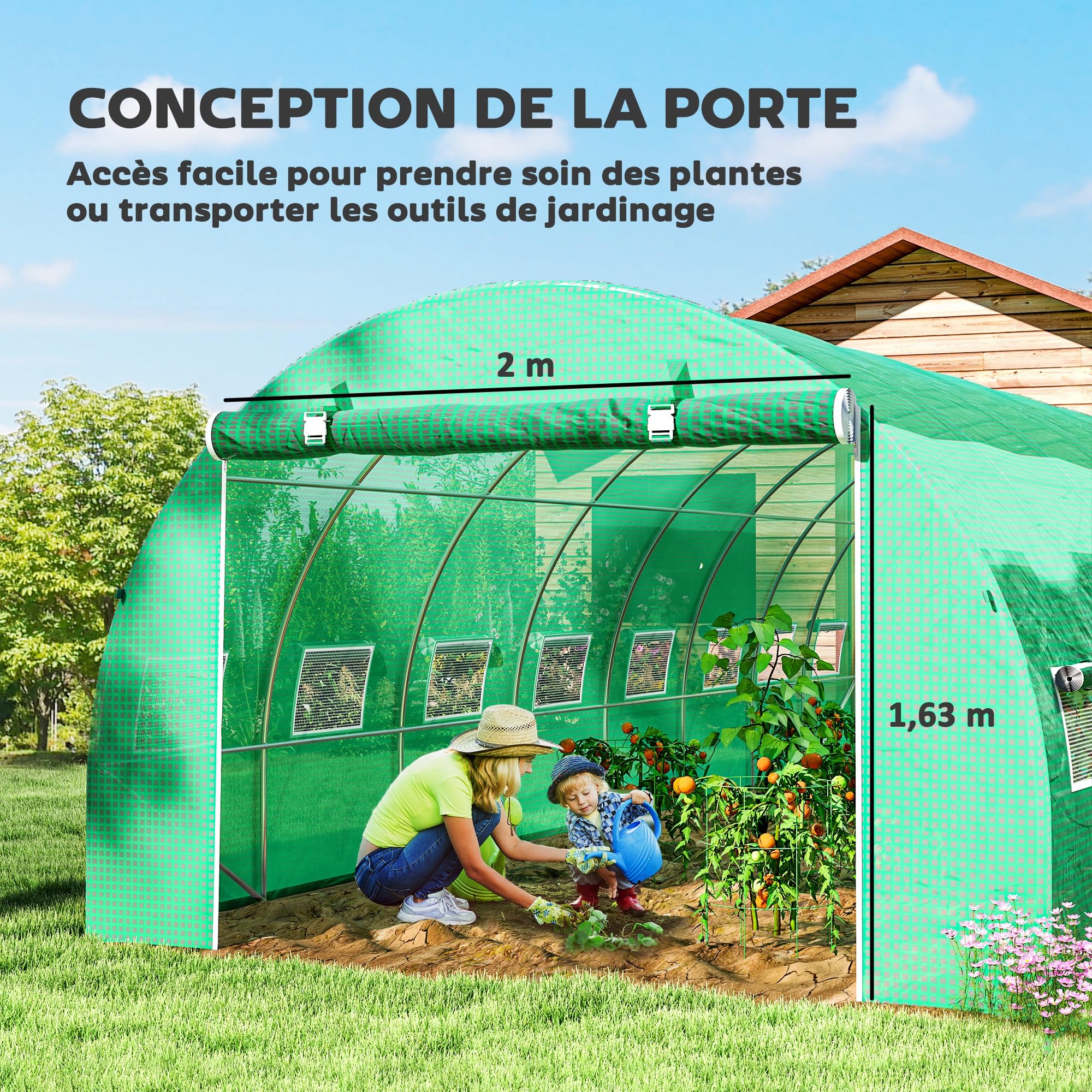 Outsunny Serre de Jardin Tunnel 24m² 8L x 3l x 2H m 16 fenêtres Porte zippée Enroulable châssis Tubulaire Acier galvanisé bâche PE Haute densité Vert